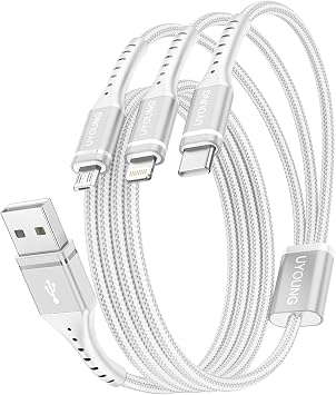 3 in 1 Charging Cable, 3.9 ft 1.2 m, Rapid Charging Cord, 3 in 1, Super Durable, Type C, Micro USB, Simultaneous Charging for 3 Devices of iPhone, Android, Type C, Various Types 2 Pack