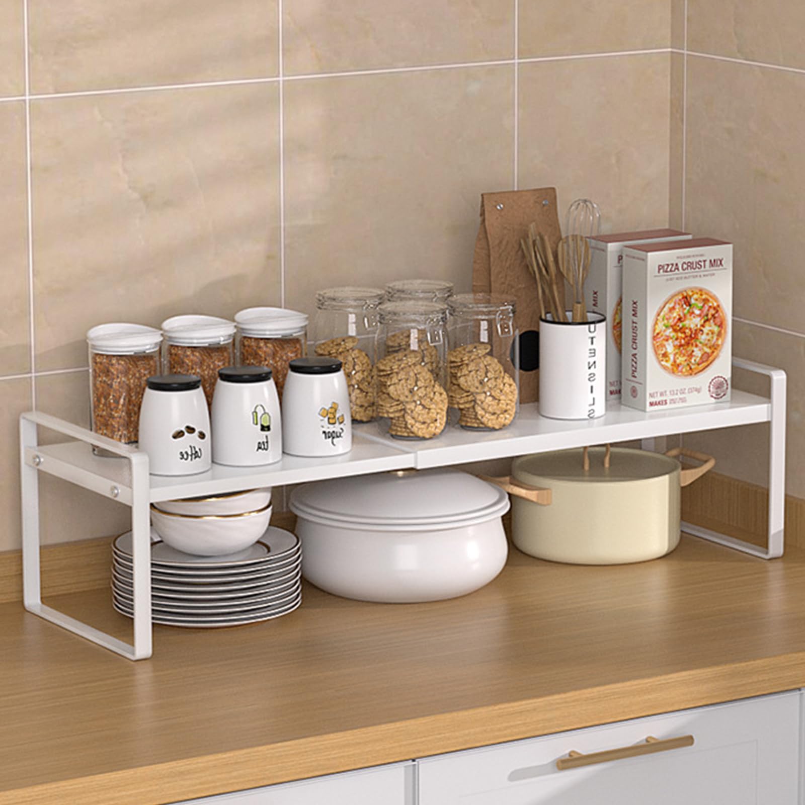 Refein Uitbreidbare kast organizer plank, uitschuifbare keukenkast opslag organizer plank kruidenrek duurzaam koolstofstaal voor thuis keuken aanrecht voorraadkast (wit