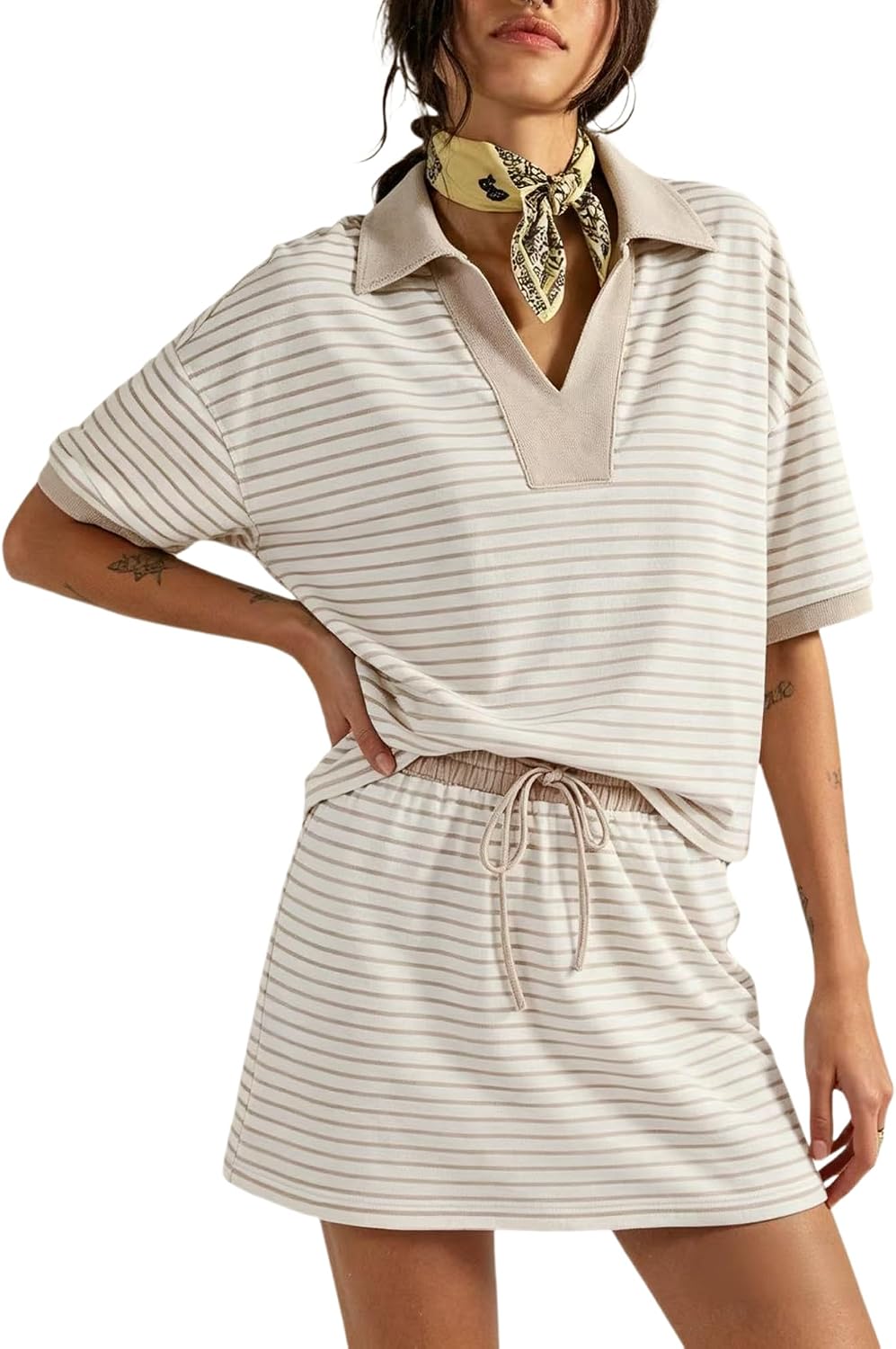 2 Piece Sets for Women 2026 Summer Striped Short Sleeve Polo Skort Casual Sets Sweatsuit Workout Matching Outfits