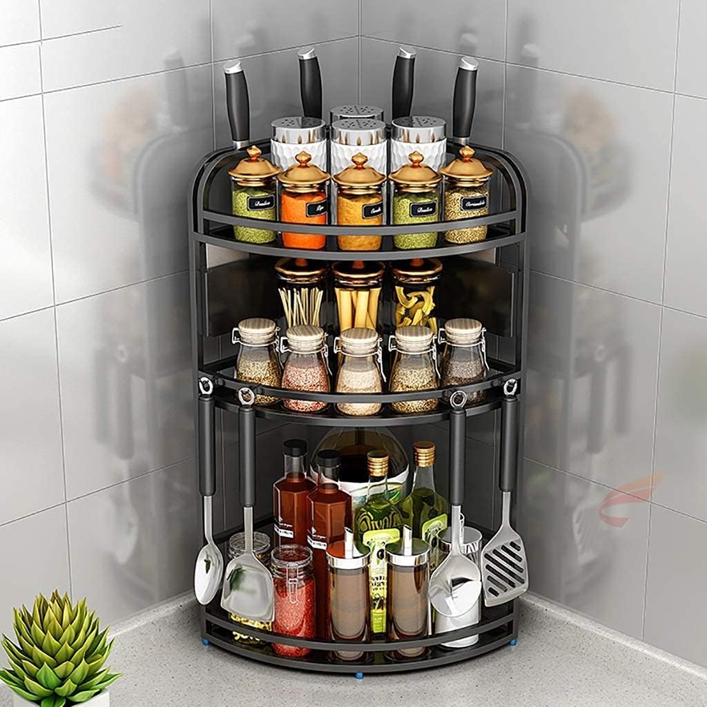 家庭用キッチン収納棚 ブラック1ステンレススチールキッチンコーナーラック 壁掛けカウンタートップ3層クルート調味料ラック ナイフホルダー付き 2サイズ cm 調味料 スパイスラック サイズ 29 26 64cm