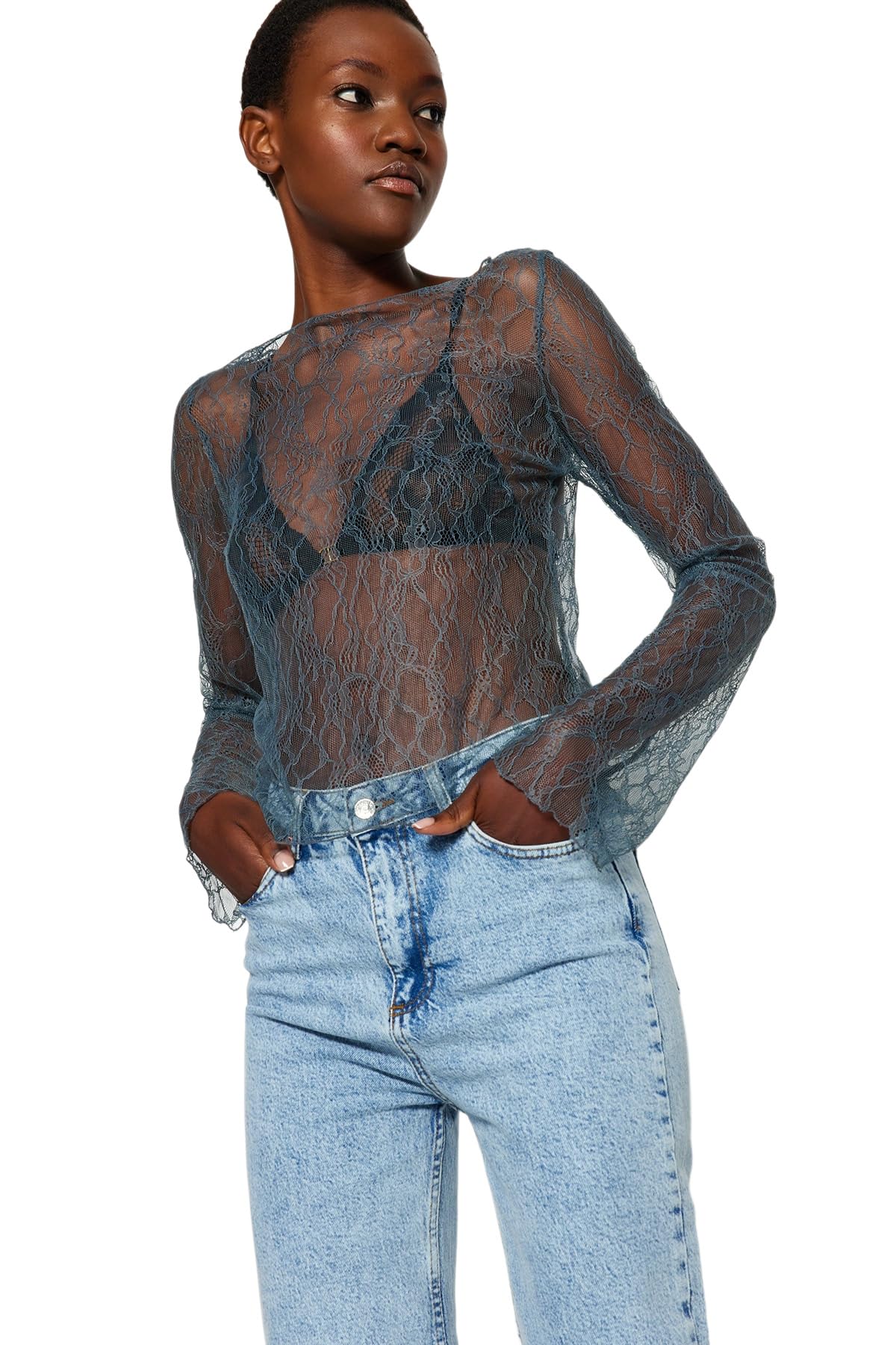 Trendyol Women's Straight Long Sleeve Regular Blouse, Anthracite, XS