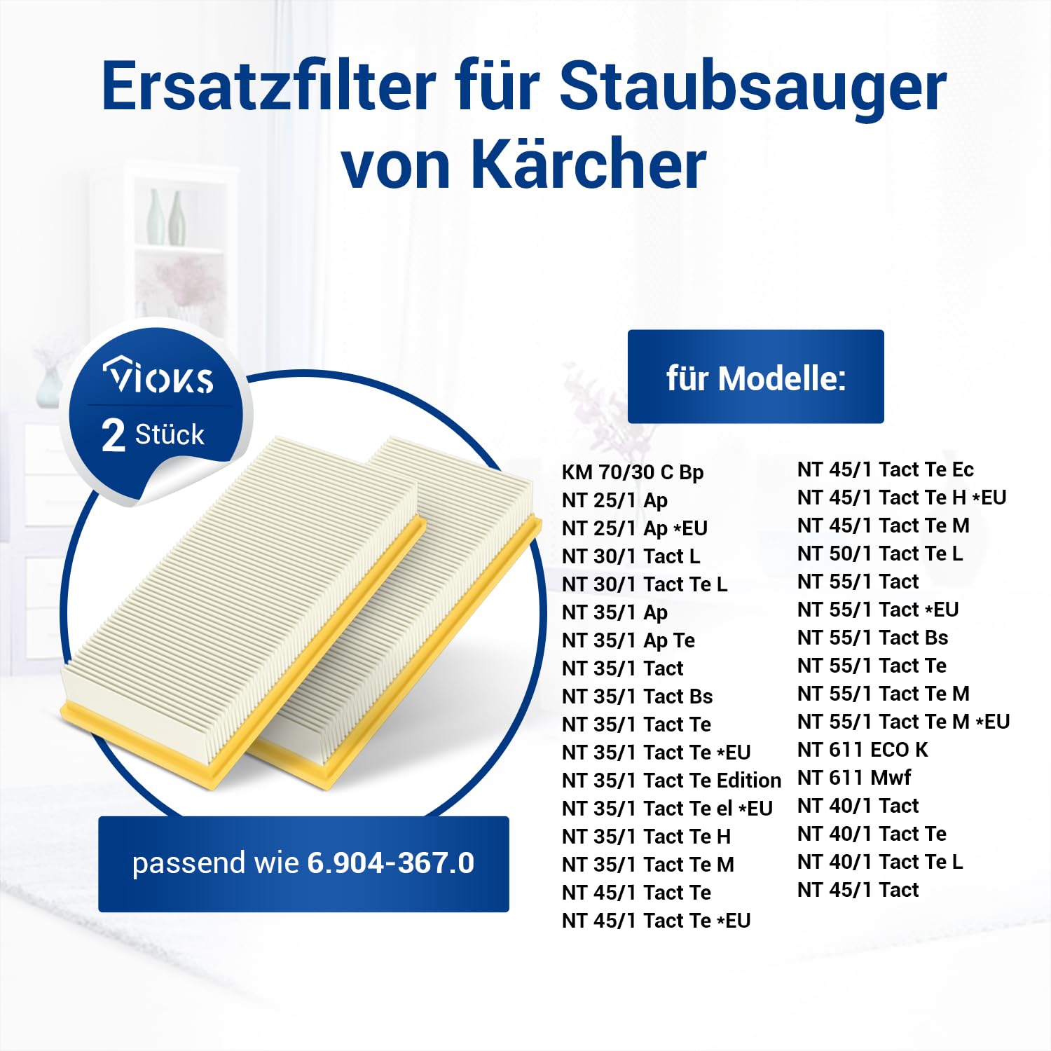 VIOKS Lot de 2 filtres à lamelles de rechange pour aspirateur Kärcher 6.904-367.0 - Filtre pour Kärcher NT 35/1 Ap/Te/Tact & NT 30/1 Tact, NT 45/1, NT 55/1, NT 561 & Bosch GAS 35-55