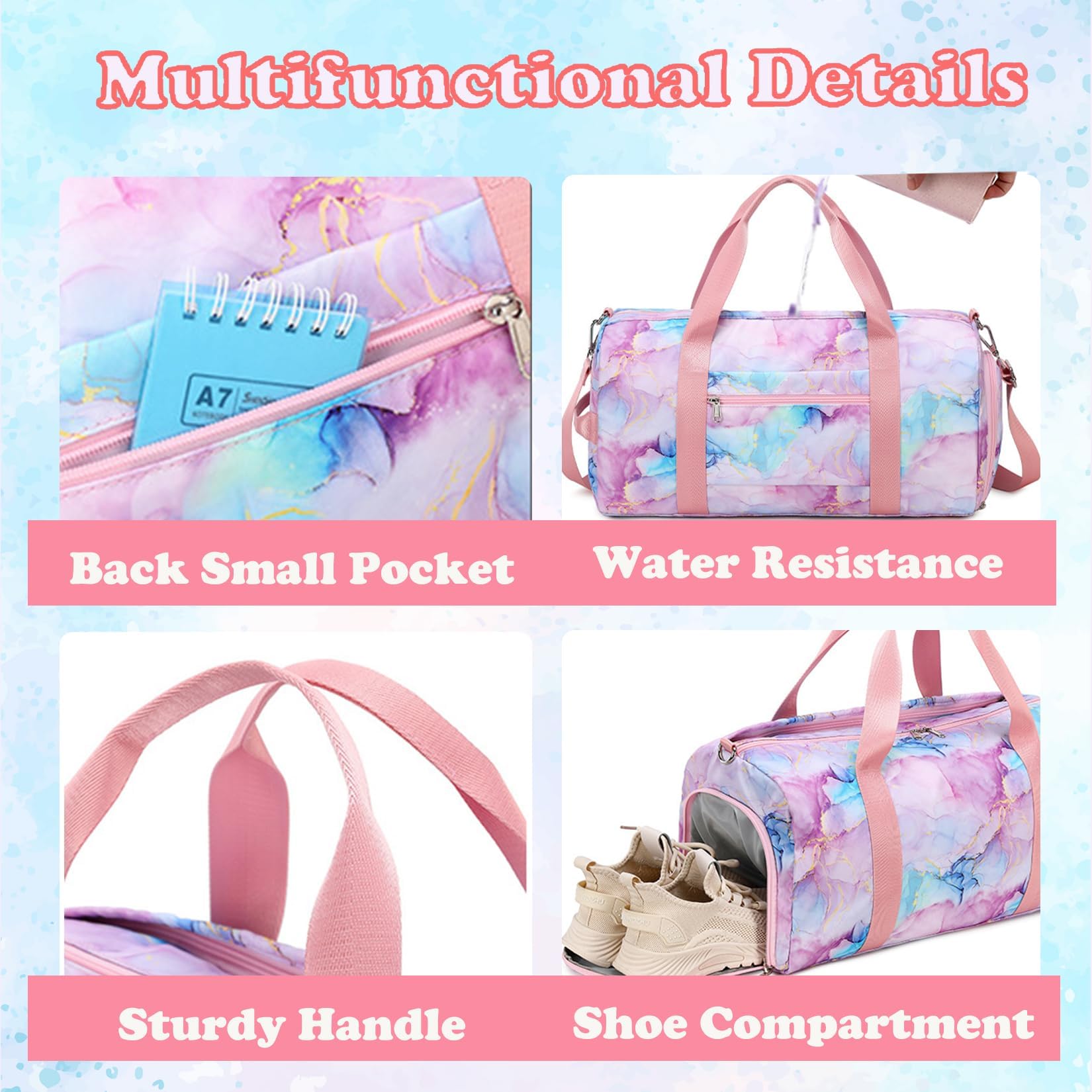 Turnbeutel für Mädchen, Turnbeutel für Teenager, Sporttasche, Balletttasche für Mädchen, Canvas Tasche mit Schuhfächern und Nassfach (Knotenfarbe, Marmor violett, 18 x 8 x 9.75 pulgadas