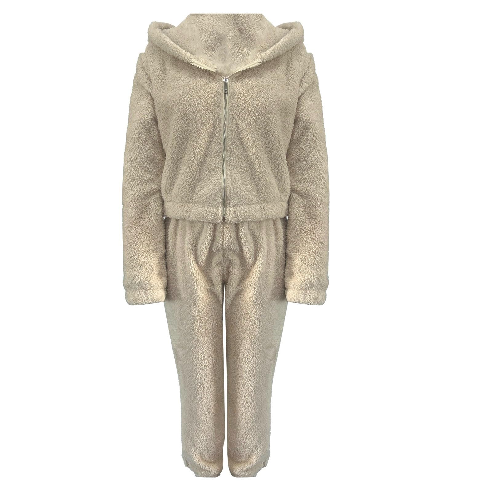 Tuta da jogging da donna, in 2 pezzi, per autunno e inverno, calda giacca con cappuccio e pantaloni sportivi, con vita elasticizzata, tinta unita, elasticizzata, per attività all'aria aperta, corsa