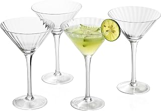 EVEREST GLOBAL Ribbed Optic Martini Glasses Set of 4, Hand Blown Cocktail Glasses with Stem, 7.5 oz Vintage Martini Glass for Bar, Martini, Cosmopolitan, Manhattan, Gimlet, Pisco Sour