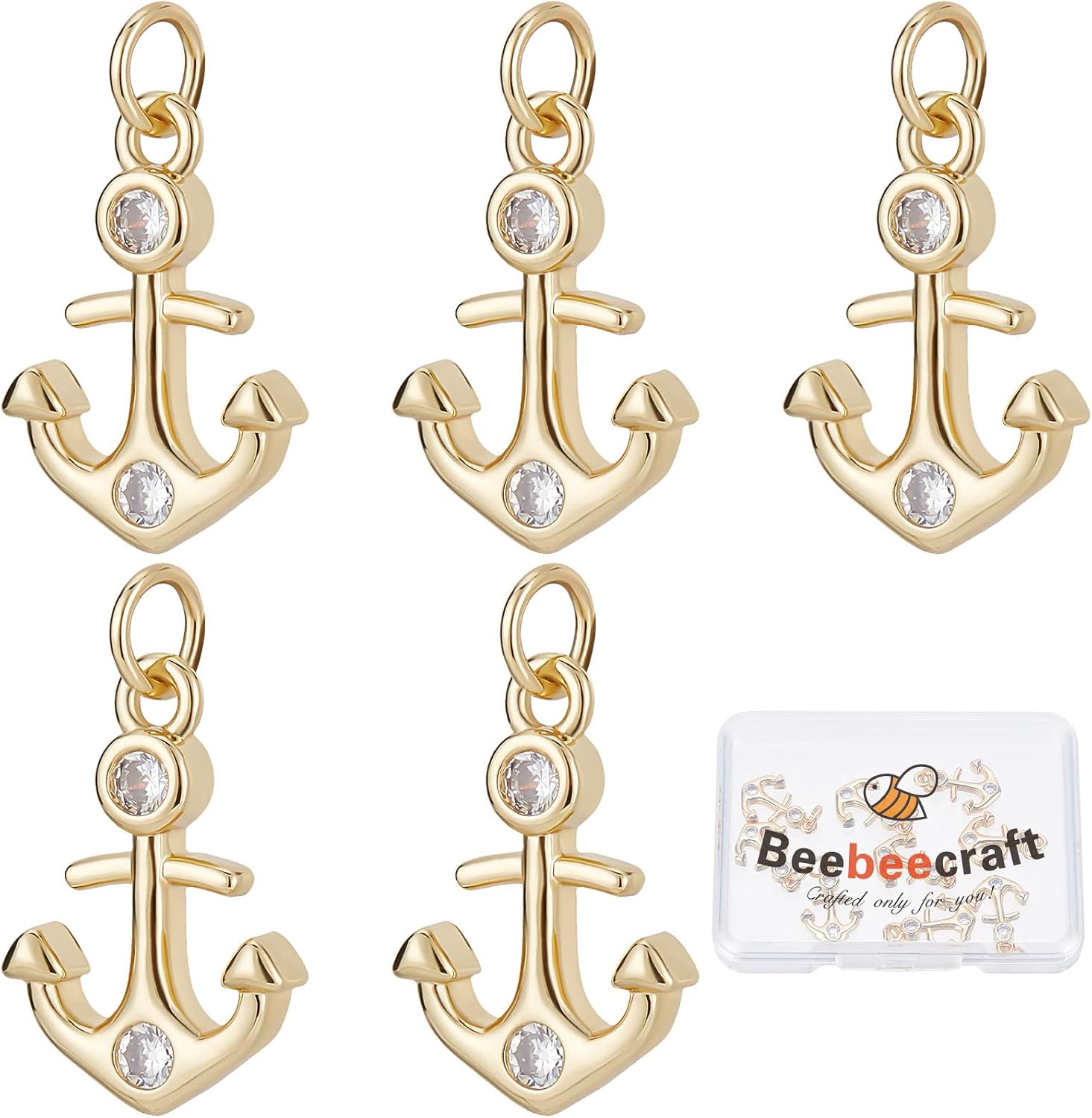 Beebeecraft 10Pcs/Box 18K Gold Plated Nautical Anchor Charms Cubic Zirconia Ship Sign Metal Pedants for Summer DIY Jewelry Bracelet Necklace Earring Making Crafting