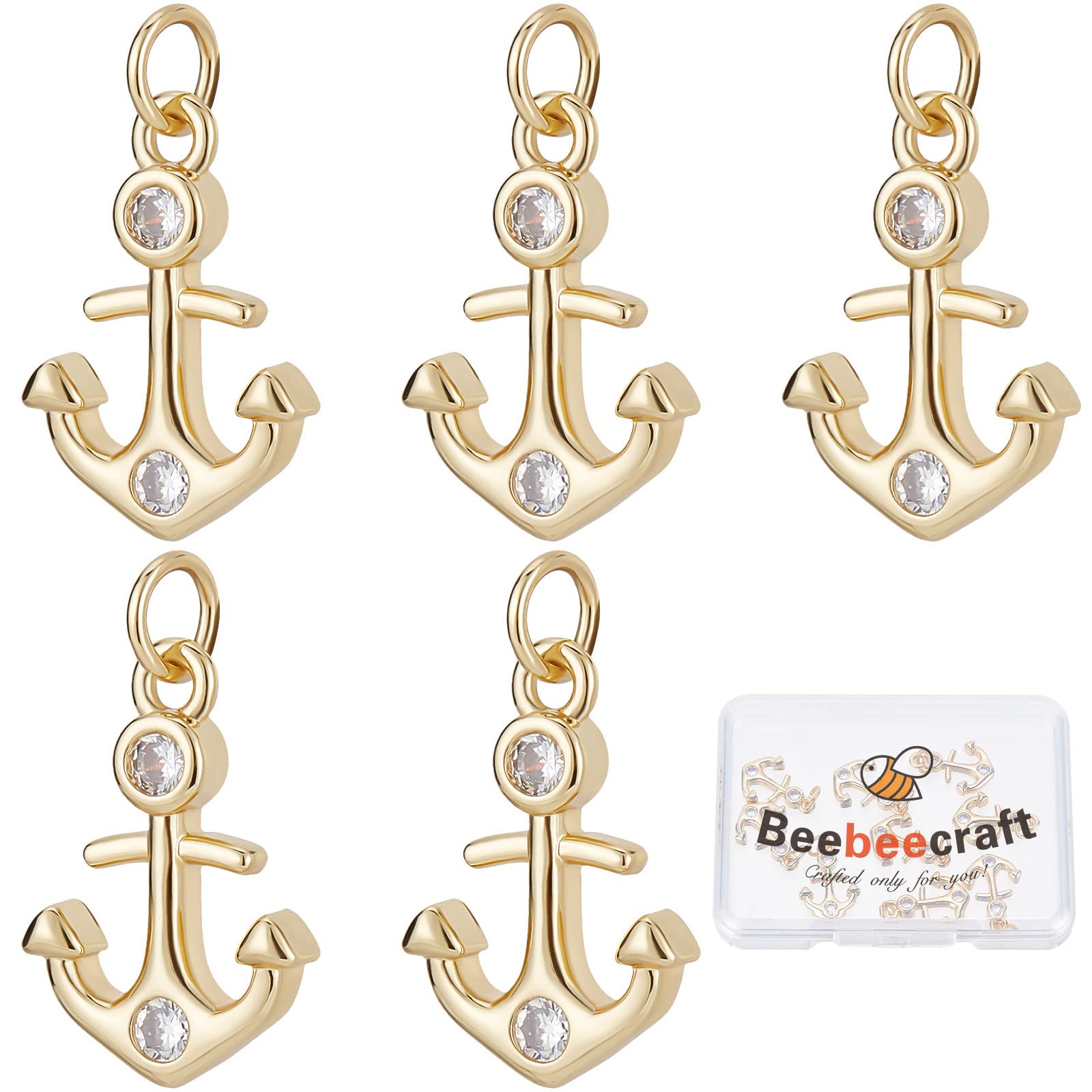 Beebeecraft 10Pcs/Box 18K Gold Plated Nautical Anchor Charms Cubic Zirconia Ship Sign Metal Pedants for Summer DIY Jewelry Bracelet Necklace Earring Making Crafting