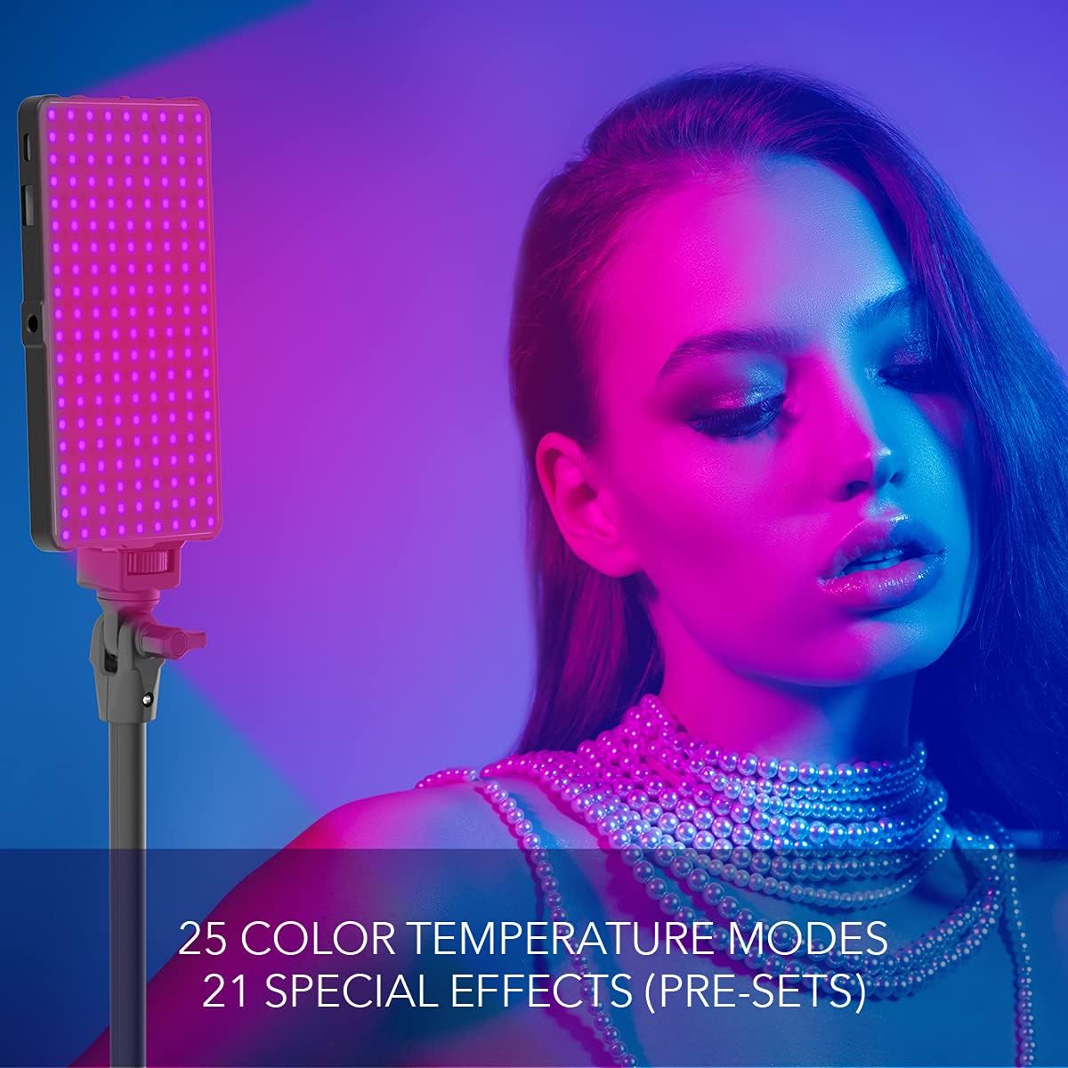 A person being illuminated by the DigiPower LED light, showcasing the vibrant RGB color temperature modes and special effects.