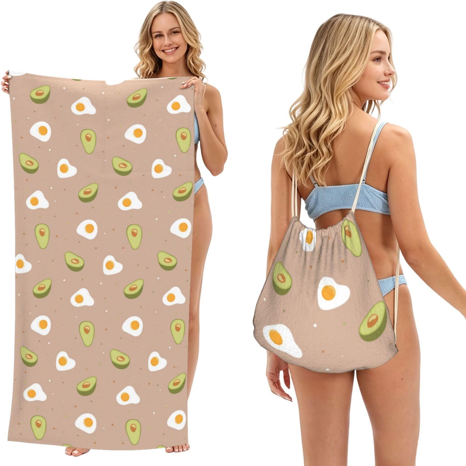 Poadnly As Picture Egg And Avocado, 2 In 1 Packable Towel Bag, Beach Towels With Drawstring Backpack For Travel Holiday Camping