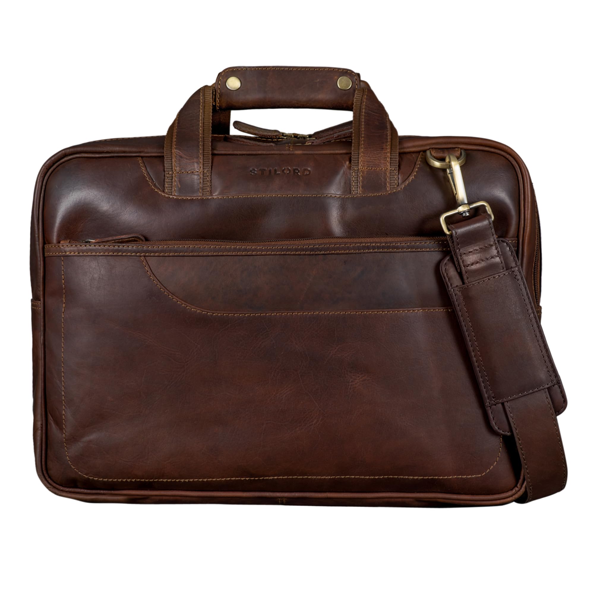 STILORD Astor Sac de Professeur Cuir Serviette Homme Femme Mallette Porte-Documents Grand Sac à Bandoulière Cuir Véritable Couleur:Cognac - Marron foncé