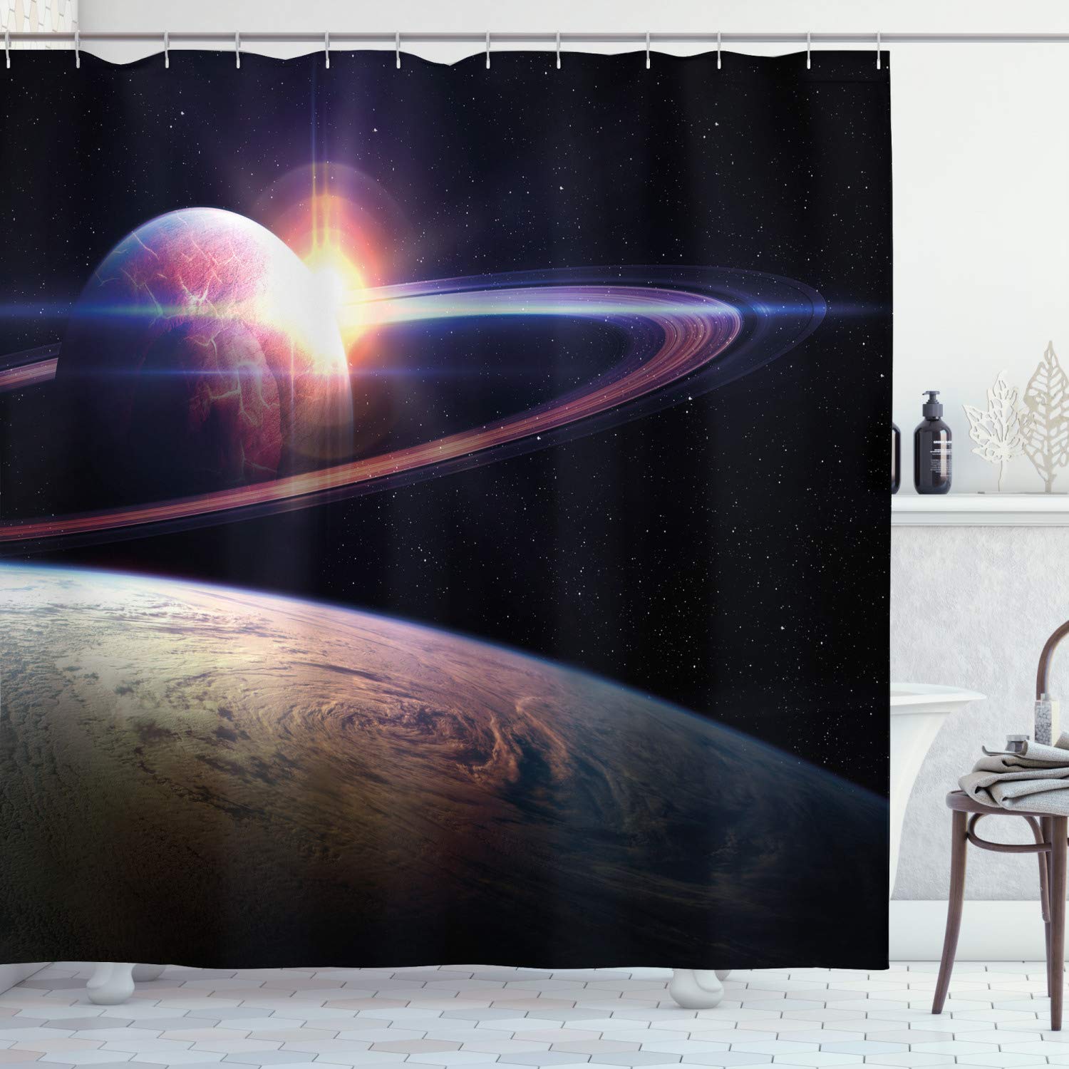 ABAKUHAUS Galaxy Shower Curtain, Sunset in Outer Space Universe Saturn View from Planet Earth Atmosphere in Spaceship, Cloth Fabric Bathroom Decor Set with Hooks, 70 Inches, Black Blue โ image 1