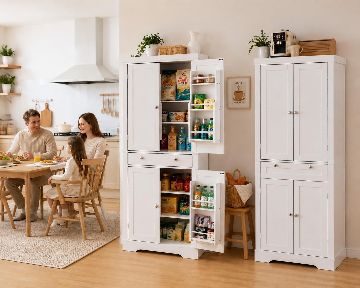 Credenza Cucina Alta, Mobile Dispensa Alto 4 Ante e Cassetti con Ripiani Regolabili e Portaspezie sulla Porta, Colonna Bagno Alta e Stretta per Salvaspazio, 76x40x182cm
