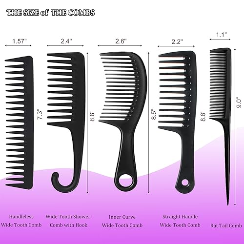 Miniatura 8 de Juego de 5 peines para el cabello, dientes anchos para desenredar, cola de rata de diente fino para peinar, ducha con gancho, para mujeres y hombres