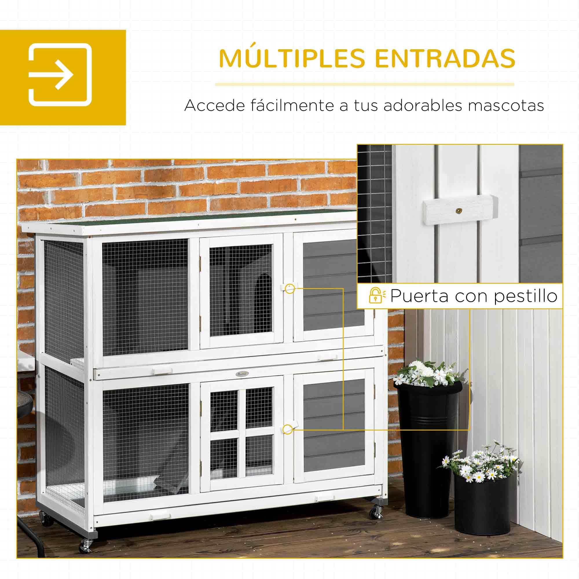 PawHut Conejera de Madera de 2 Niveles Jaula para Conejos con Ruedas 2 Puertas Techo y 2 Bandejas Extraíbles Conejera para Interior y Exterior 119x50,5x109 cm Blanco y Gris