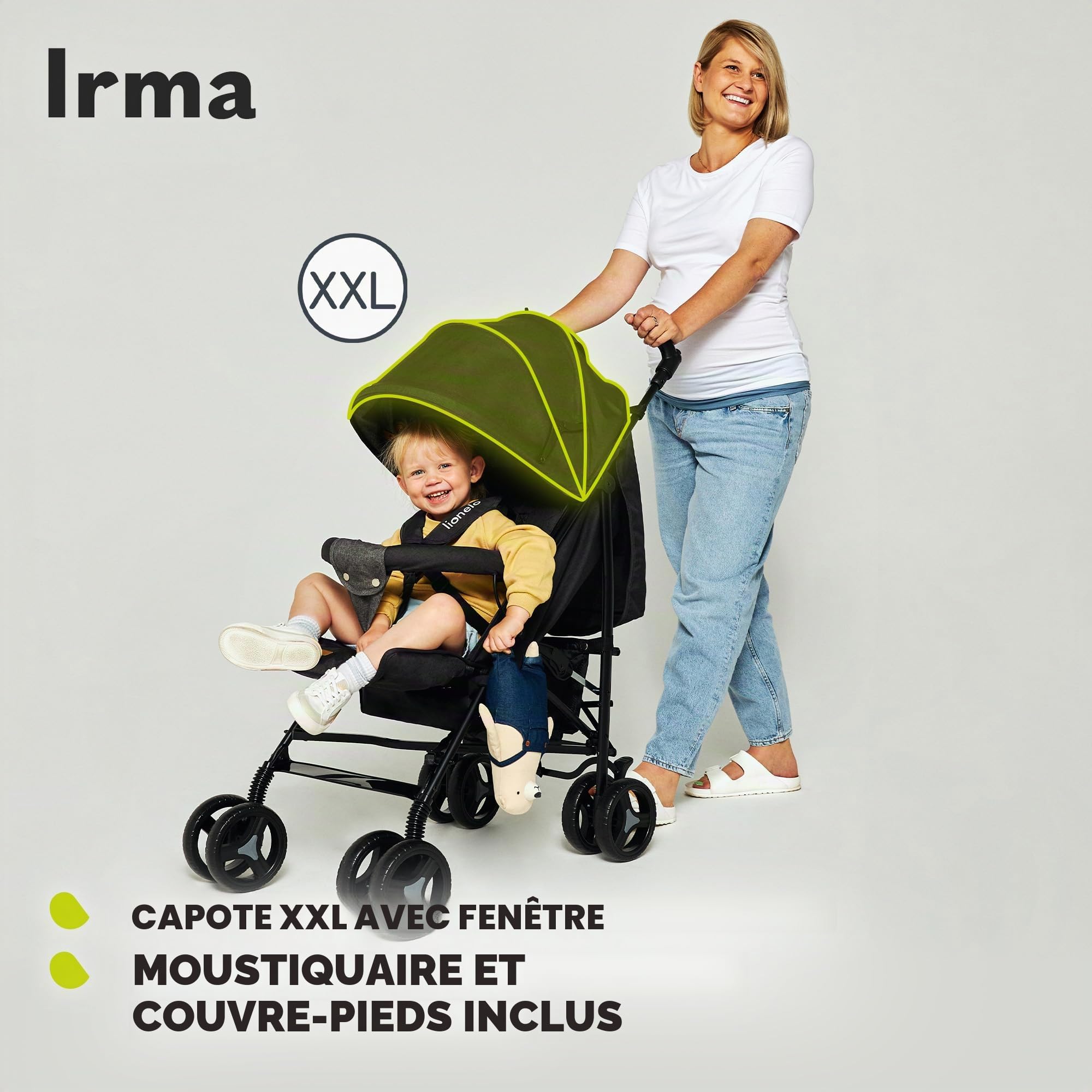 LIONELO Poussette IRMA légère et pliable pour bébé jusqu'à 3 ans, fonction allongée, harnais à 5 points, grandes roues de 15,2 cm, moustiquaire, grand panier et capot, poignées rotatives, poussette