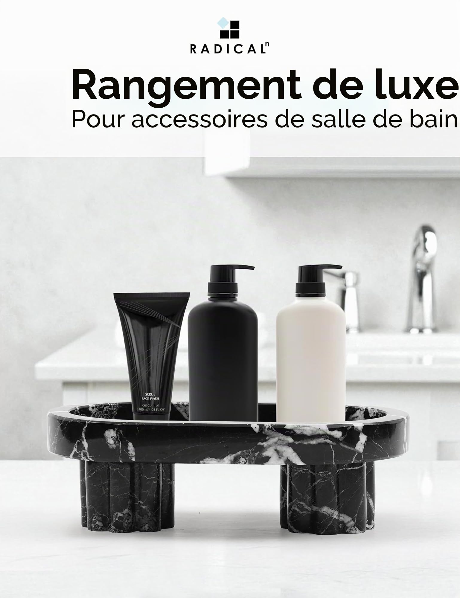 Radicaln Plateau ovale en marbre avec support de 25,4 cm, noir, fait à la main, plateau de service pour décoration de table basse, plateau de parfum moderne et de coiffeuse pour table, plateau
