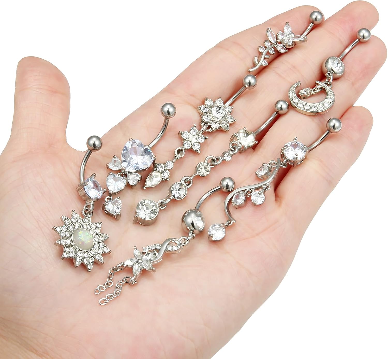 Vsnnsns 14G Dangle Belly Button Ring Piercing Jewelry 316L Stainless Surgical Steel Navel Rings Cubic Zirconia Heart Flower CZ Dangling Belly Button Ring Piercing Jewelry for Women 14 Gauge - Image 5