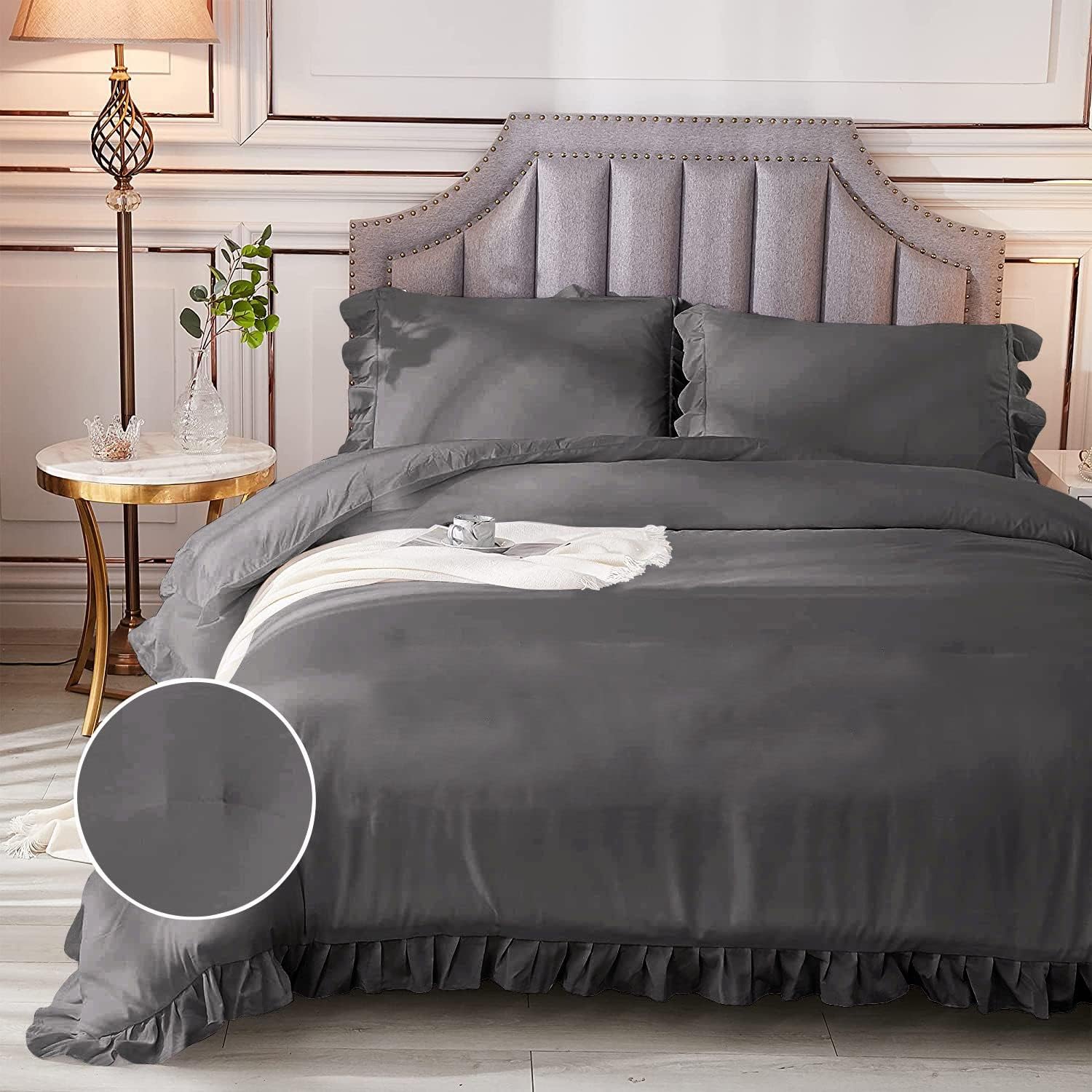Velosso 3 Piece Luxury Vintage Ruffle Comforter Set Premium Super Soft 550 GSM All Season | 1000 Thread Count | 100% Egyptian Cotton - King/California King Size Dark Grey Color
