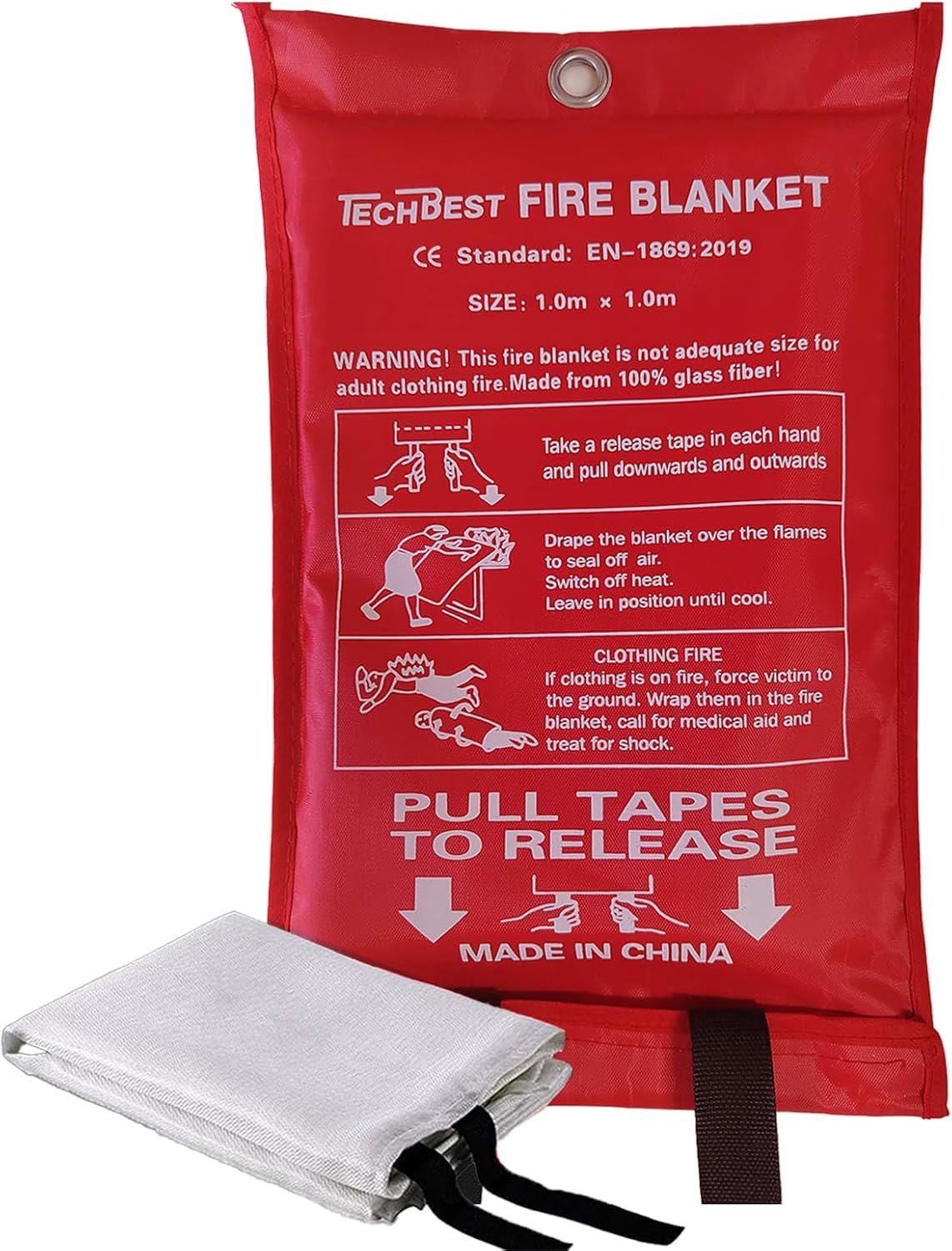 TechBest Löschdecke Küche Feuerlöschdecke - 1m x 1m Glasfaser. DIN EN 1869:2019. Brandschutzdecke für Fettfeuer in Auto, Schule, Kamin, Grill, Büro, Garage, Schweißen, Lager. 1-Packung.