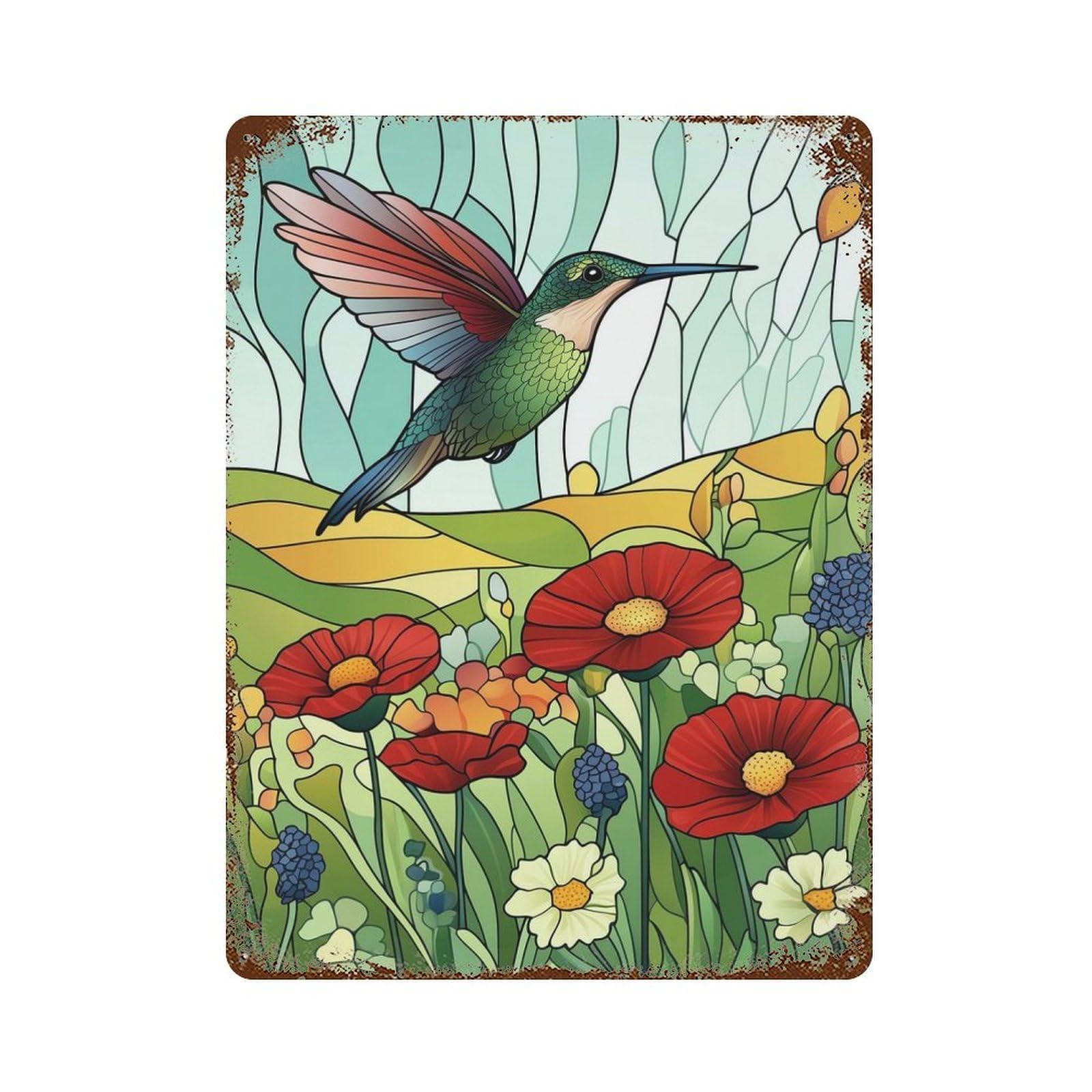 Hummingbird in Flower Garden Rusty Metal Tin Sign 15.7"x11.8", for Pub, Kitchen And Man Cave Decor, Farmhouse Wall Decor