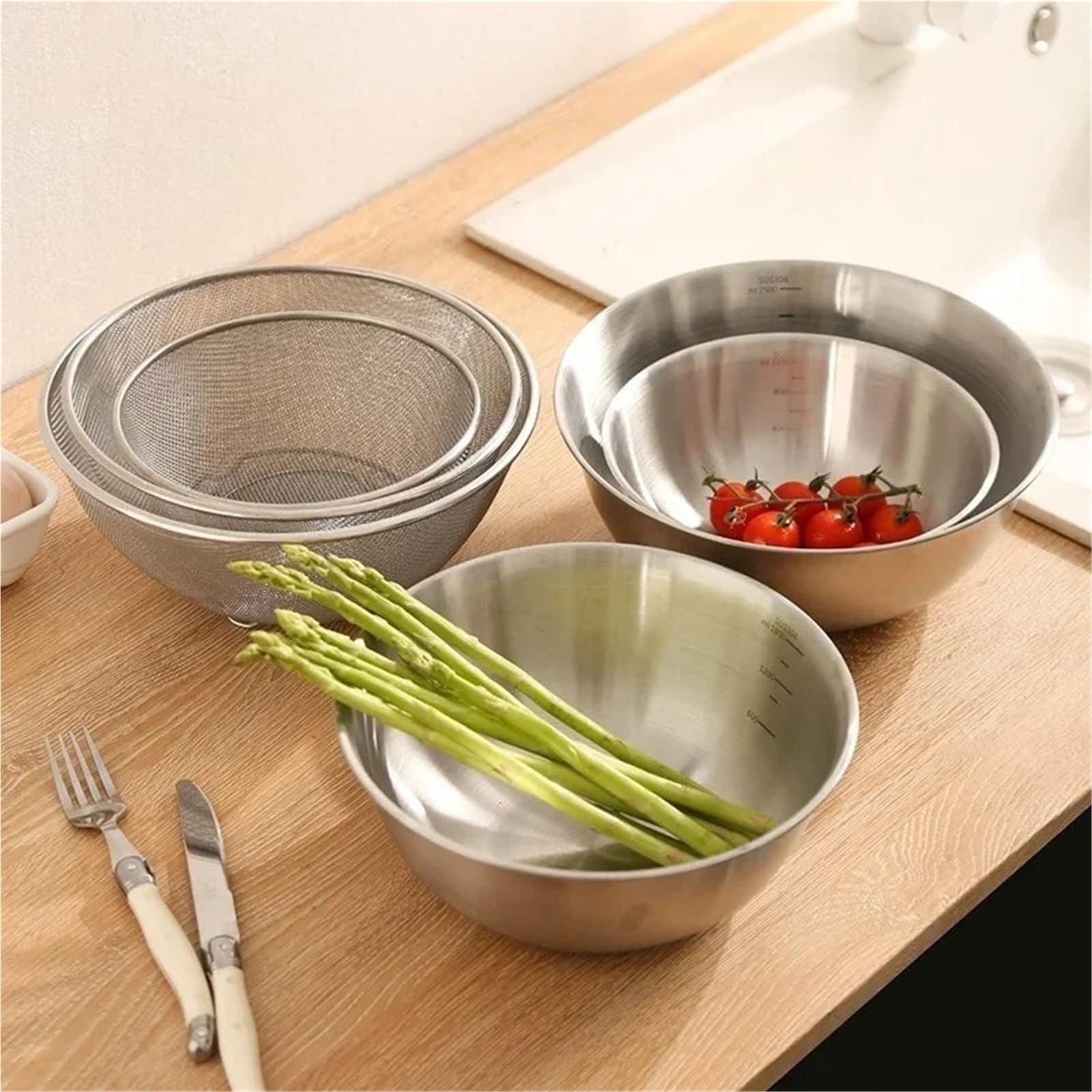 Colador De Arroz De Acero Inoxidable Juego de 2 piezas lavabo drenaje acero inoxidable con colador almacenamiento a escala, cesta lavado arroz, juego enjuague y frutas for cocina(2Pcs-24cm)