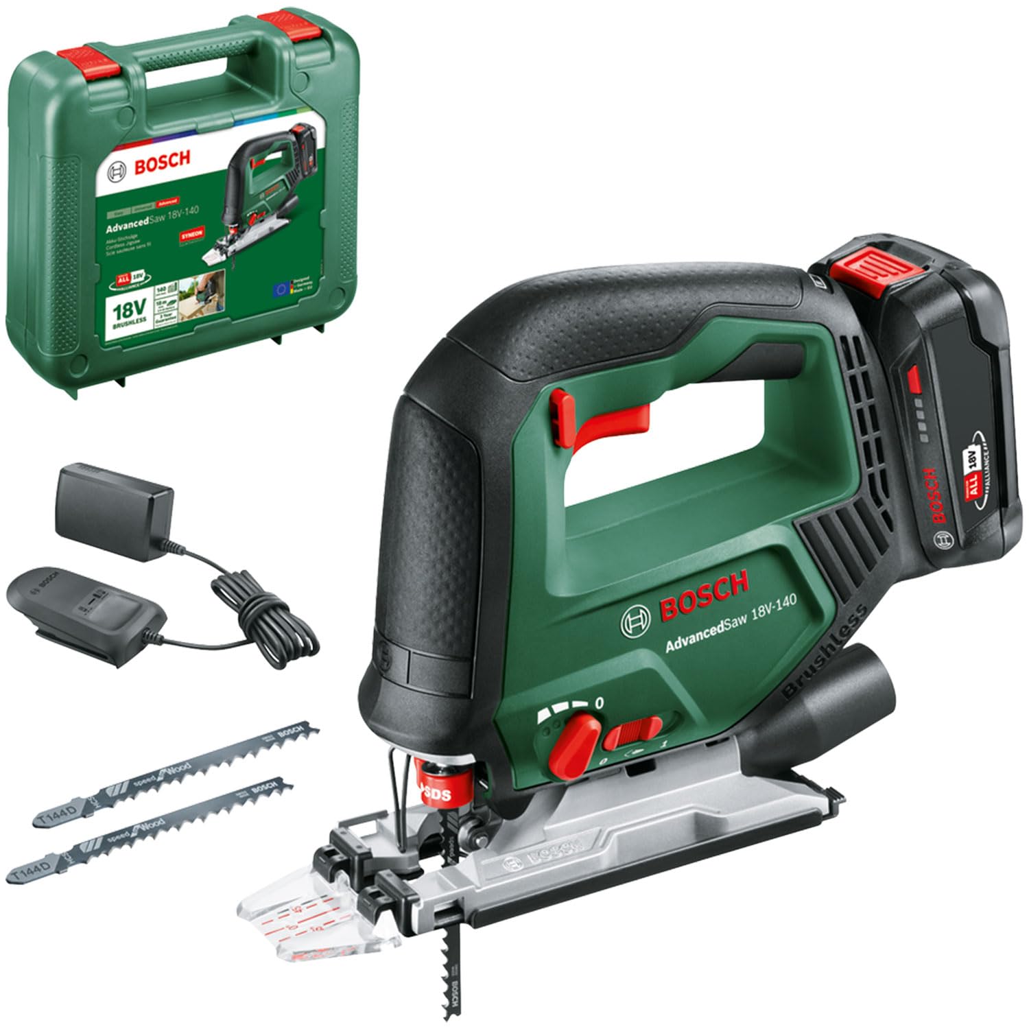 Bosch seghetto alternativo a batteria AdvancedSaw 18V-140 (funzione pendolo; motore brushless; profondità taglio: 140 mm/10 mm/20 mm; 3 lame; 18 Volt; batteria 2,0 Ah e caricabatteria; in valigetta)
​​