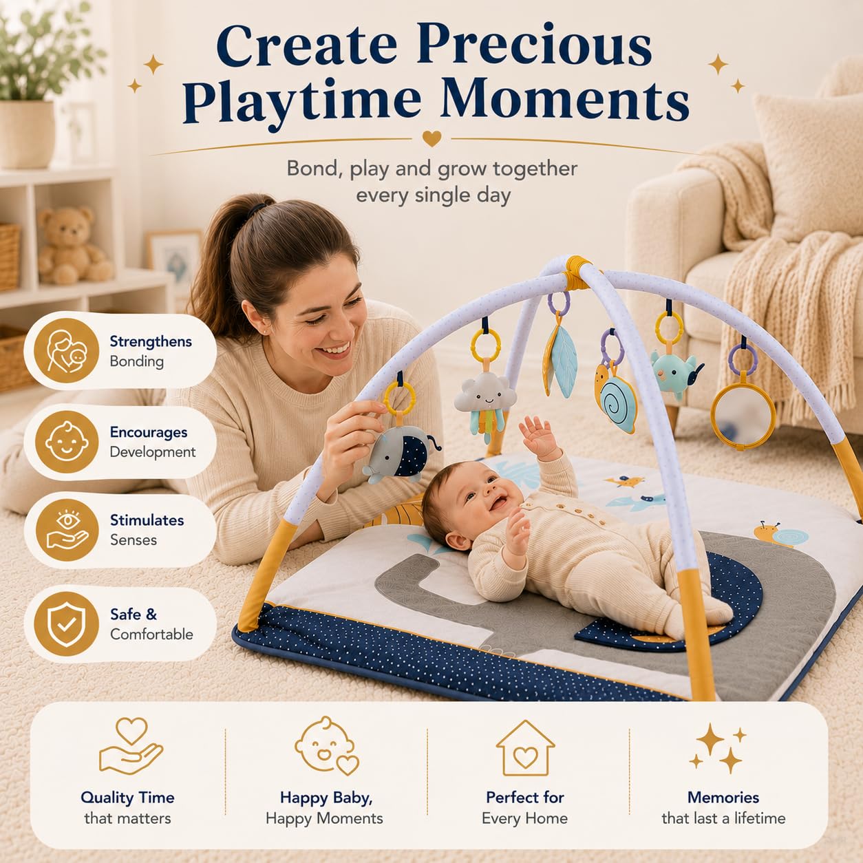 Baby Play Gym – Tummy Time Mat for Infants, Baby Activity Mat, Play Mat for Babies 0-18 Months, Infant Play Mat with Detachable Toys, Soft Velvet Play Mat, Sensory & Montessori Gym