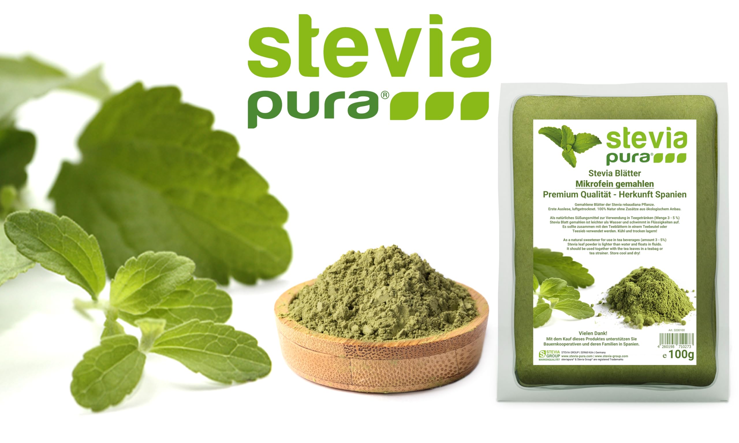 steviapura | Stevia Blätter - reines Naturprodukt - Süßkraut Stevia, mikrofein gemahlen - pflanzlicher Süßstoff 100g - Premium Qualität