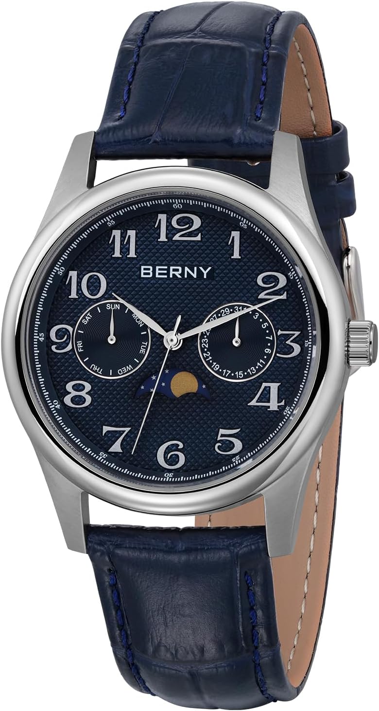BERNY Silver Watch for Men Moon Phase Watches Multi-Function Quartz Wristwatch Easy Read Arabic Numerals Dial Analog Watches Stainless Steel Case Sub-dial with Date Day Calendar