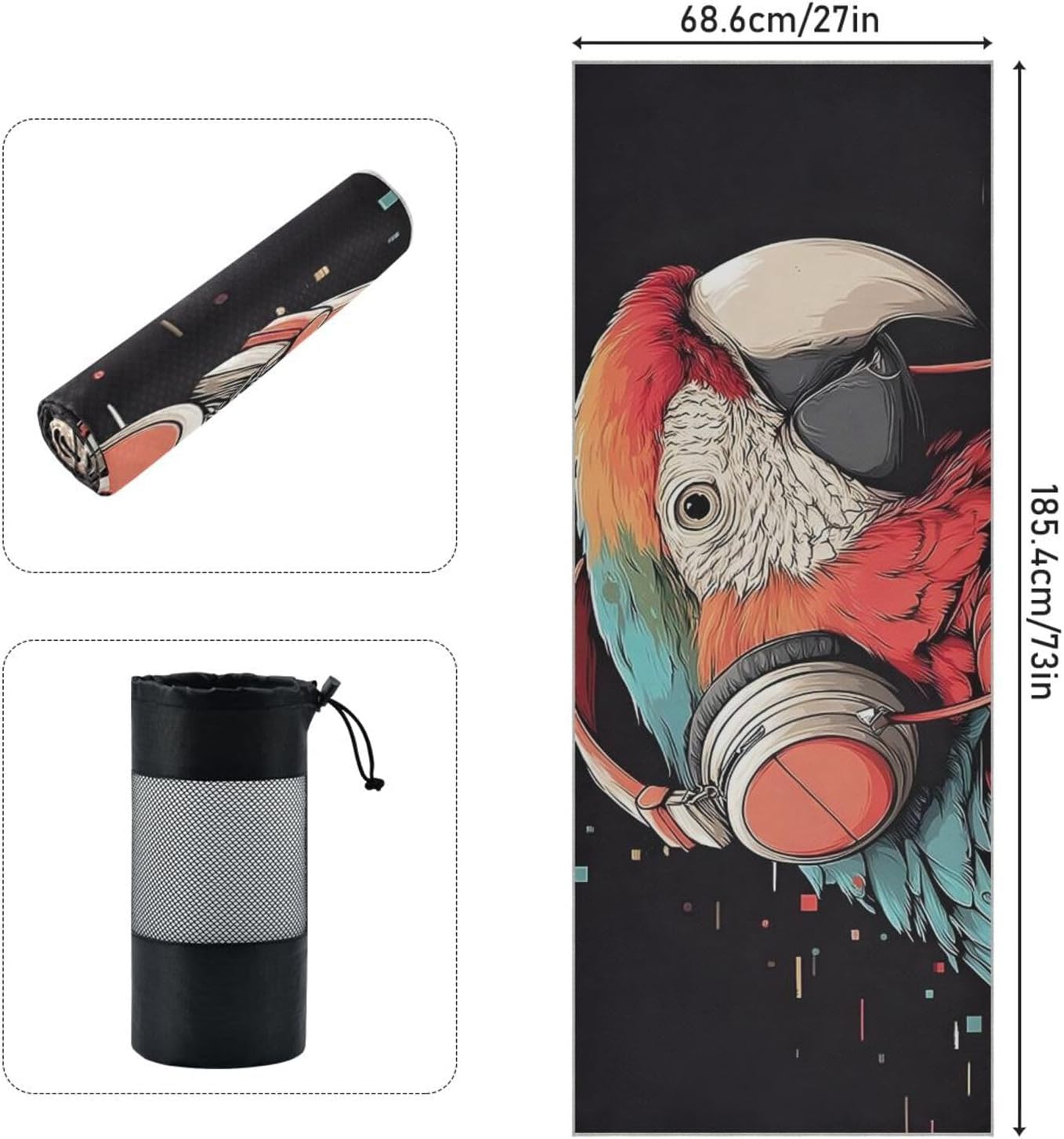 Parrot Headphone Hot Yoga Towel – Stylish, Non-Slip, Grip Dot, Super Absorbent, 27" x 73" - Yoga Mat Towels for Exercise, Fitness