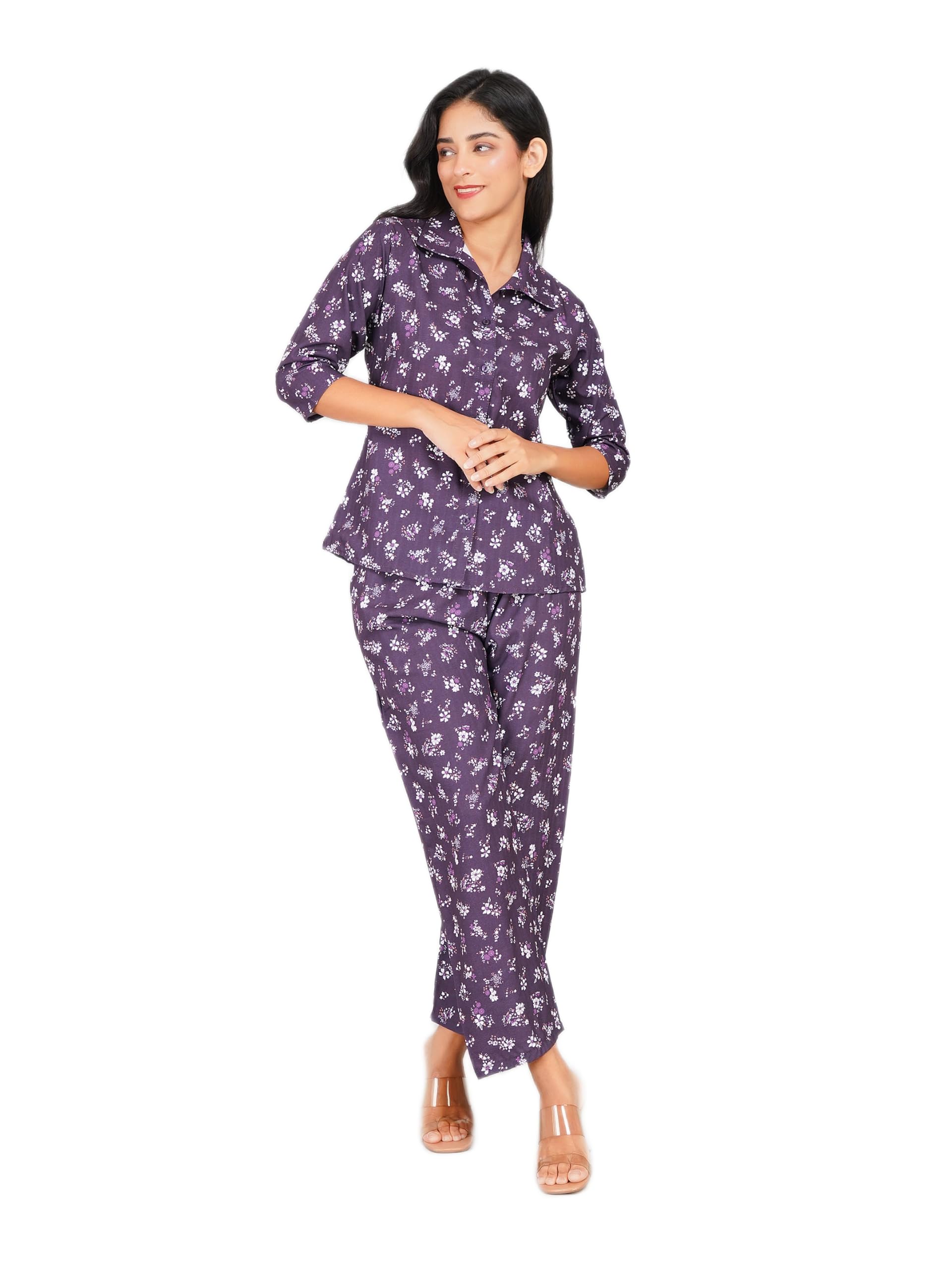 Women Floral Printed Top and Pant Co-ord Set in Deep Purple, Cotton-image-35