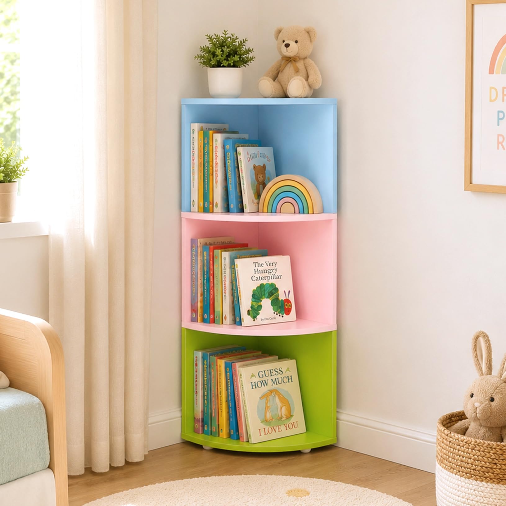 Alex Daisy Trio Kids Bookshelf | 3-Tier Engineered Wood Corner Book Rack | Free-Standing or Wall-Mounted Multipurpose Storage Shelf for Books, Toys & Décor | Nursery, Bedroom, Playroom & Preschool-image-47
