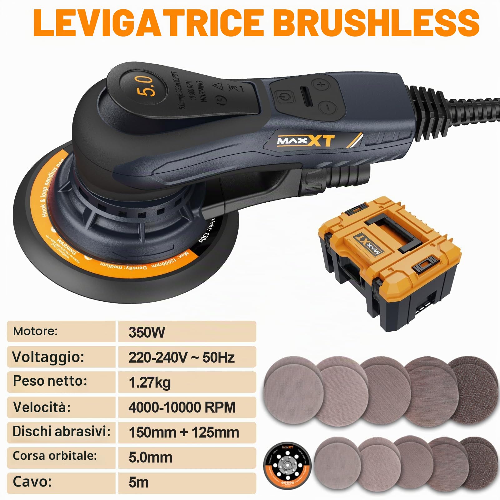 Levigaorbitale MAXXT 5,0mm brushless | Plateau doppio 150mm & 125mm | Motore EC 350W | 4000-10000 RPM | Scatola stampata | 20 carte abrasive per legno e lucidatura