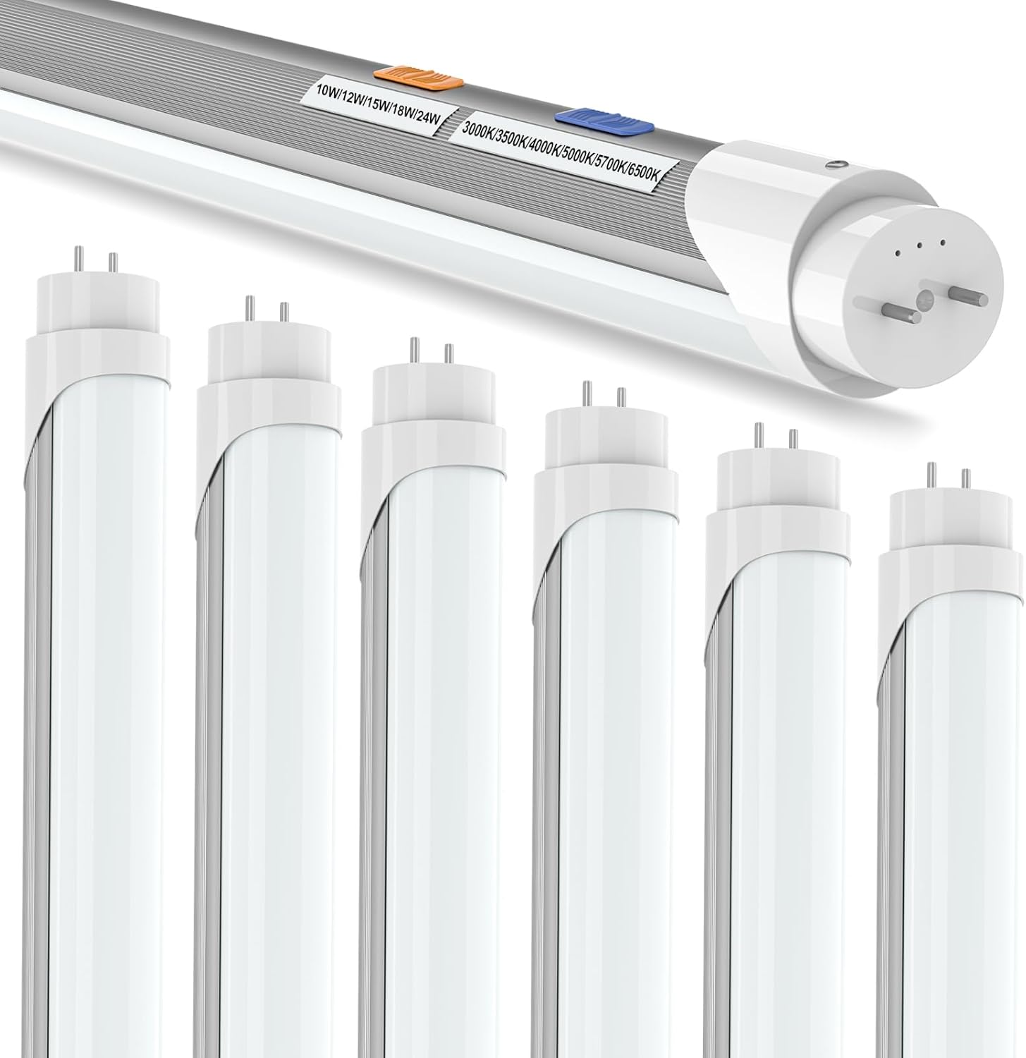 T8 T12 LED Bulbs 4 Foot, 4FT Tube Lights Type A+B Bulbs, 6CCT 3000K-6500K/5 Power(10W-24W) Selectable, T8/T12 4ft Fluorescent Tube Replacement, Plug and Play or Ballast Bypass, ETL DLC(6 Pack White)
