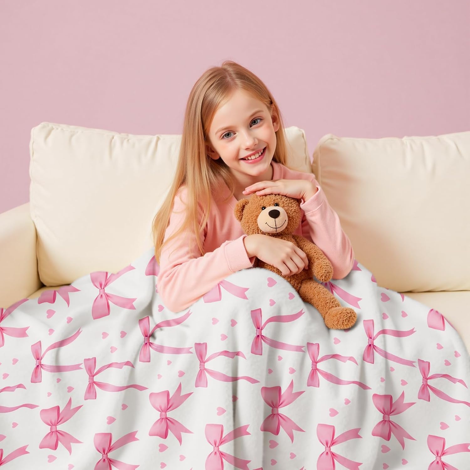 Wajade Pink Bow Blanket for Girls Kids- Pink Bow Blanket Gifts for Girls Women Birthday for Kids Teens Child Toddler Throw 50"x60" - Image 3