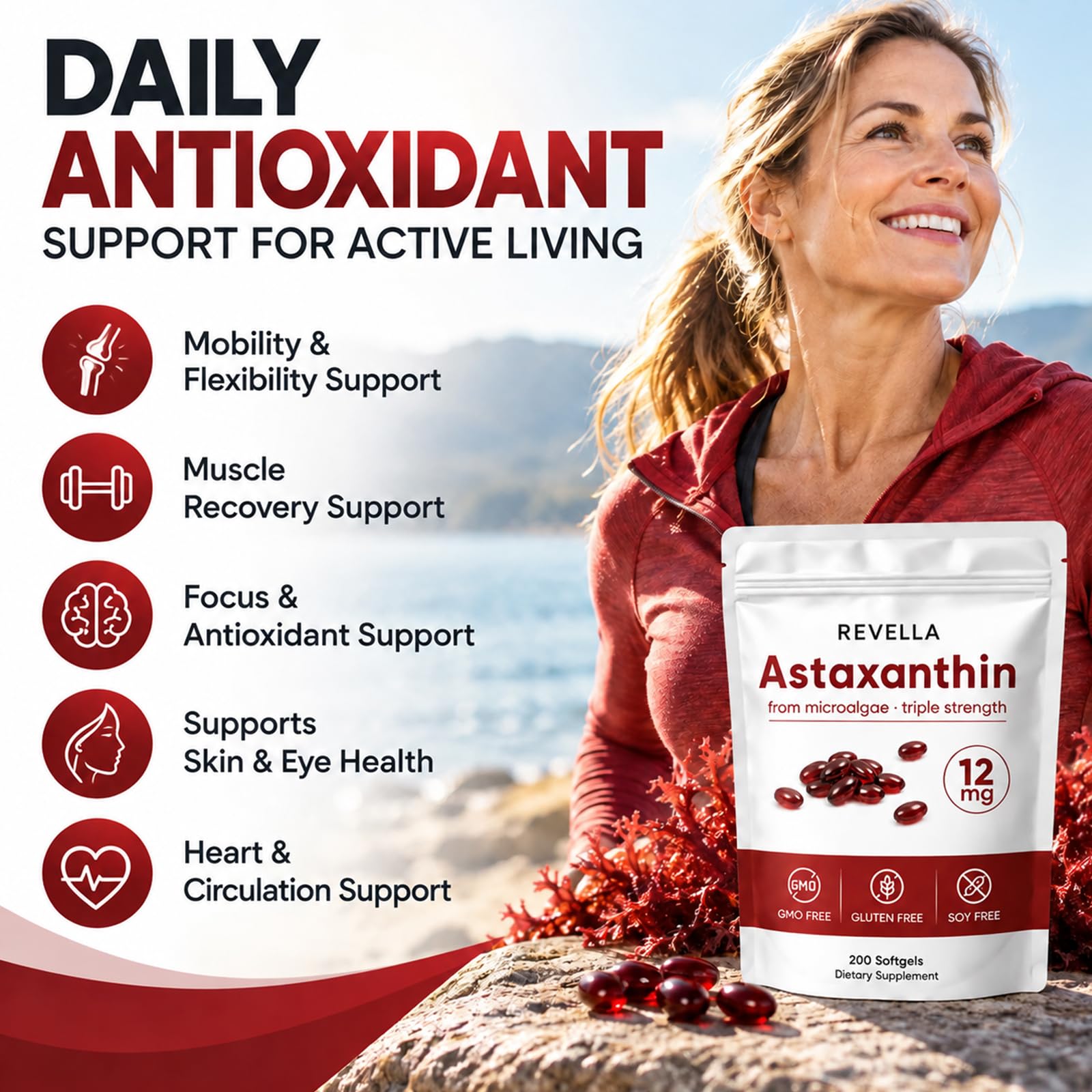 Revella Astaxanthin 12mg Softgels, Astaxanthin Supplements for Mobility & Flexibility Support, Antioxidant & Immune, Internal Circulation, Vitality Support, Non-GMO - 200 ct(1 Pack) — Amazon image 2