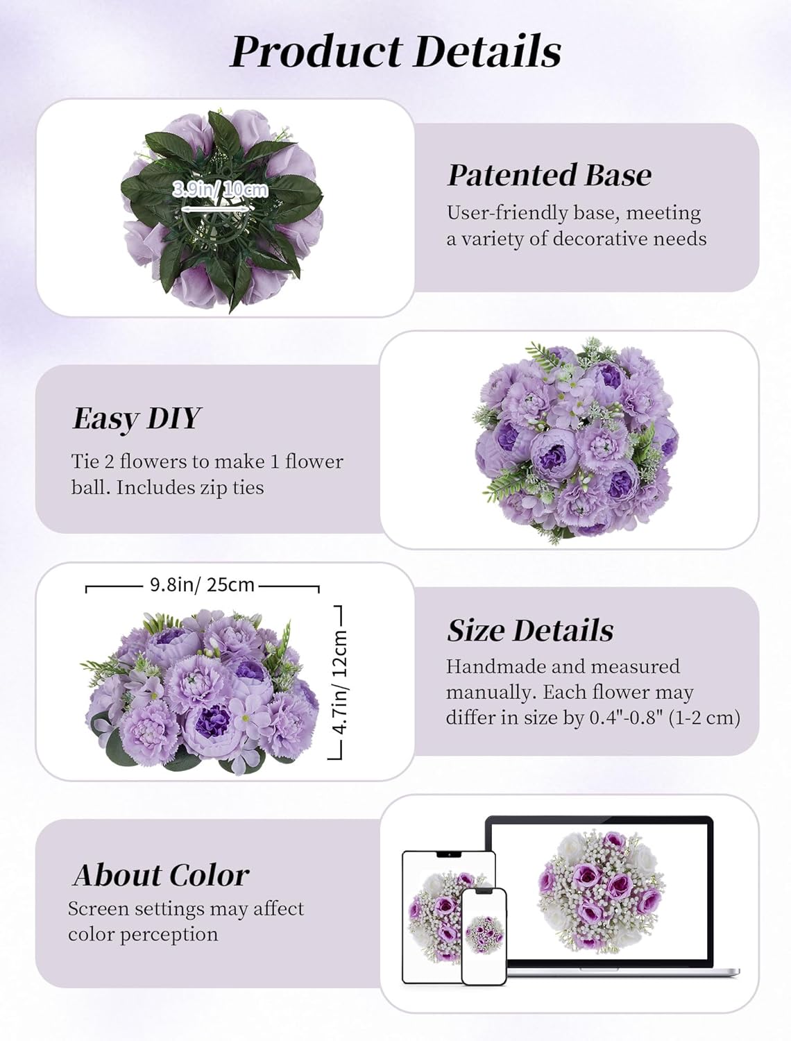 BLOSMON Peony Flower Balls Centerpieces: 2pc 9.5 Inch Lilac Fake Peony Floral Arrangement Bouquet Wedding Dinning Table Decoration Easy Use Artificial Silk Kissing Ball Home Party Decor - Image 5