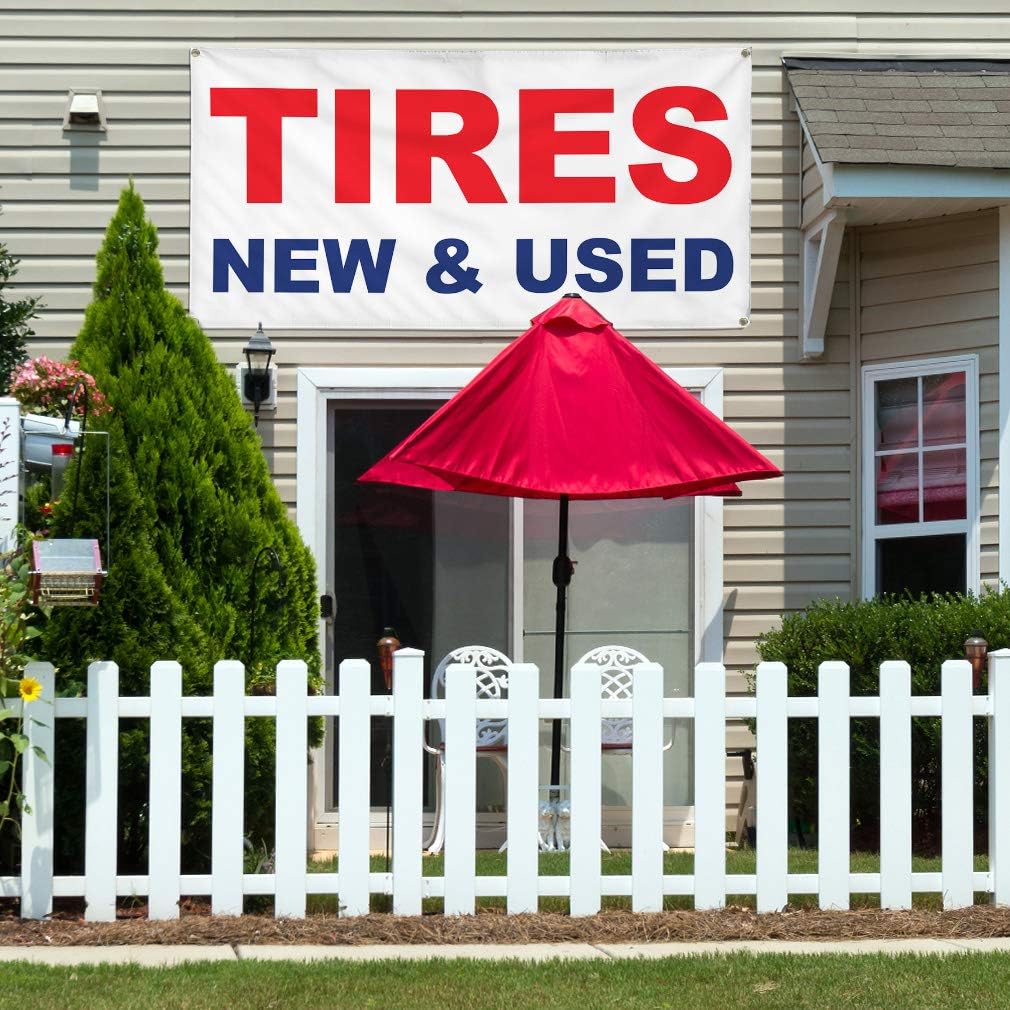 Vinyl Banner Multiple Sizes Tires New & Used Red Blue Auto Car Repair Shop Automotive Outdoor Weatherproof Industrial Yard Signs 4 Grommets 16x40Inches