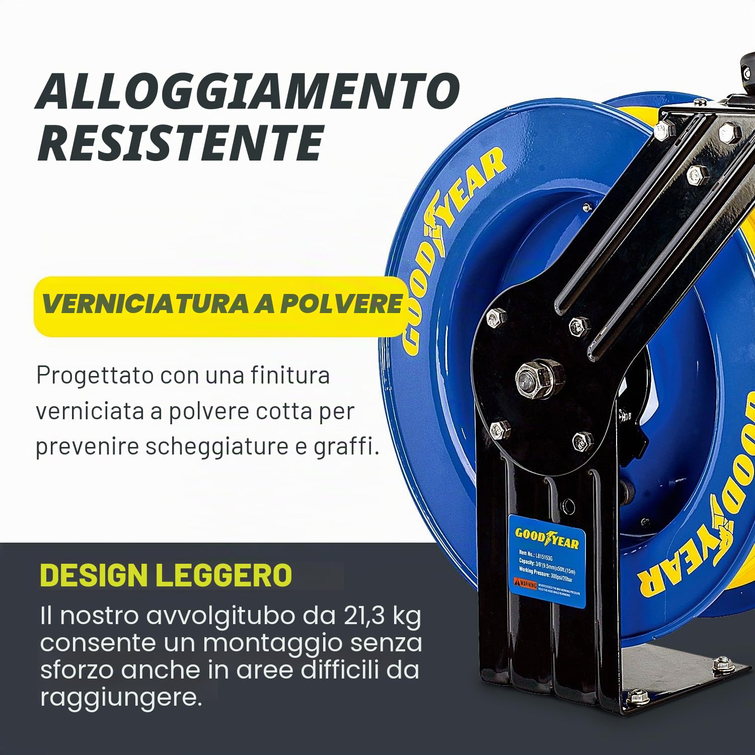 Goodyear, Avvolgitubo retrattile L815153G per compressore d'aria e tubo dell'acqua, in acciaio, con attacco da 9,5 mm x 15,2 m 1 tubo di gomma da massimo 300 psi.
