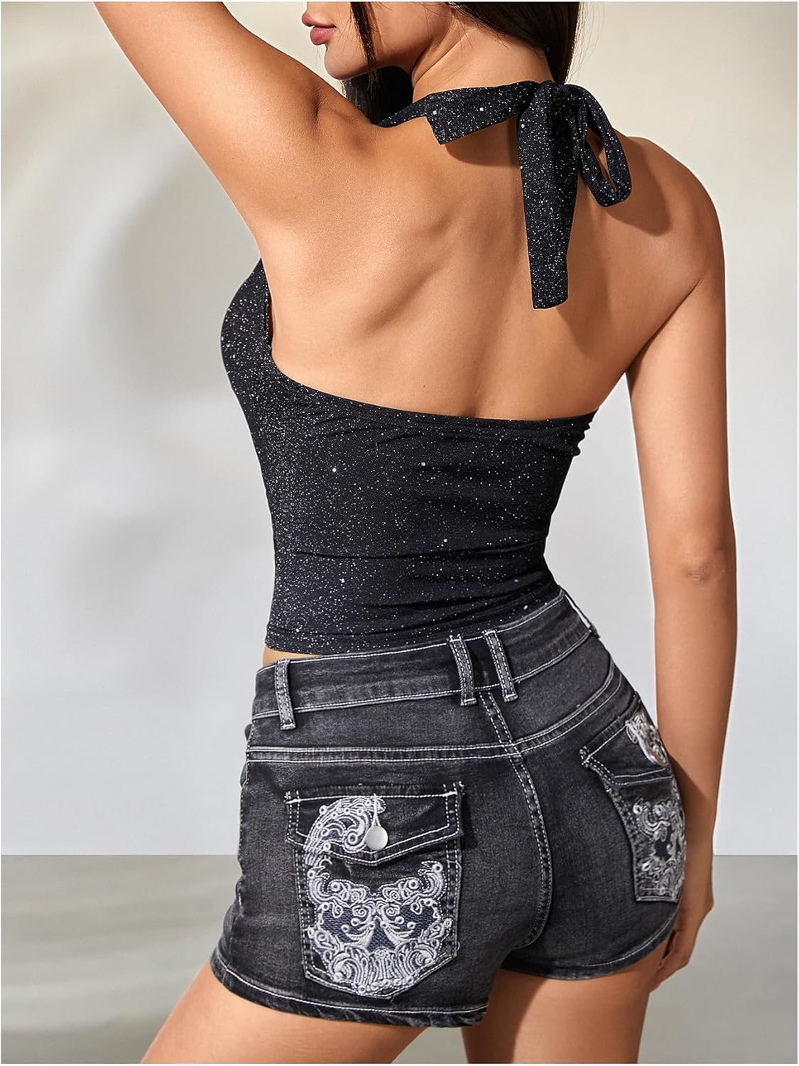 MakeMeChic Women's Sparkly Halter Tops Y2k Backless Deep V Neck Rave Crop Tops - Image 2