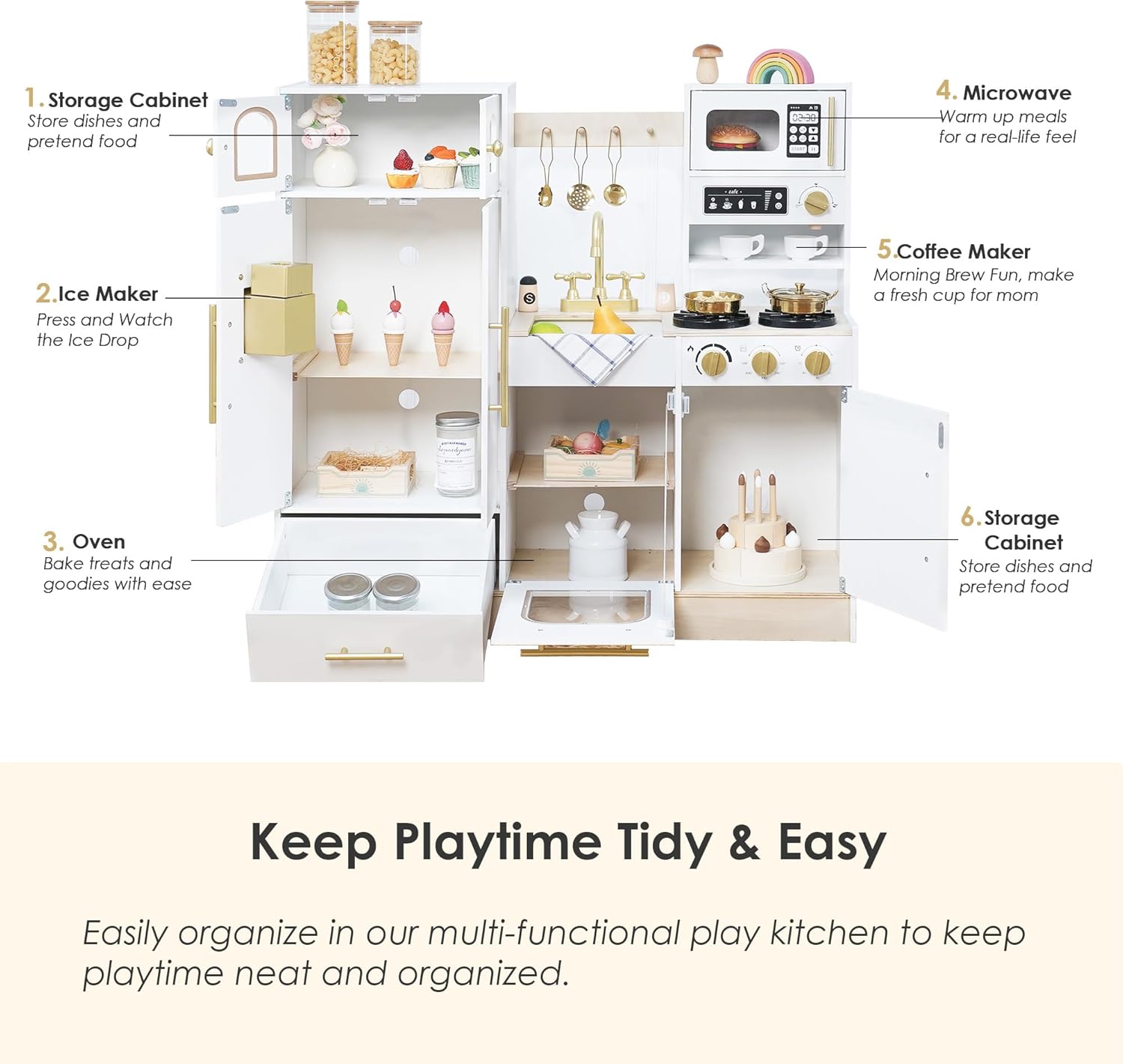 Leeshyah Wooden Kids Play Kitchen, Pretend Cooking Toy Set with Stove, Sink, Coffee Maker & 11 Accessories, Montessori-Inspired Kitchen Playset for Toddlers Ages 3+