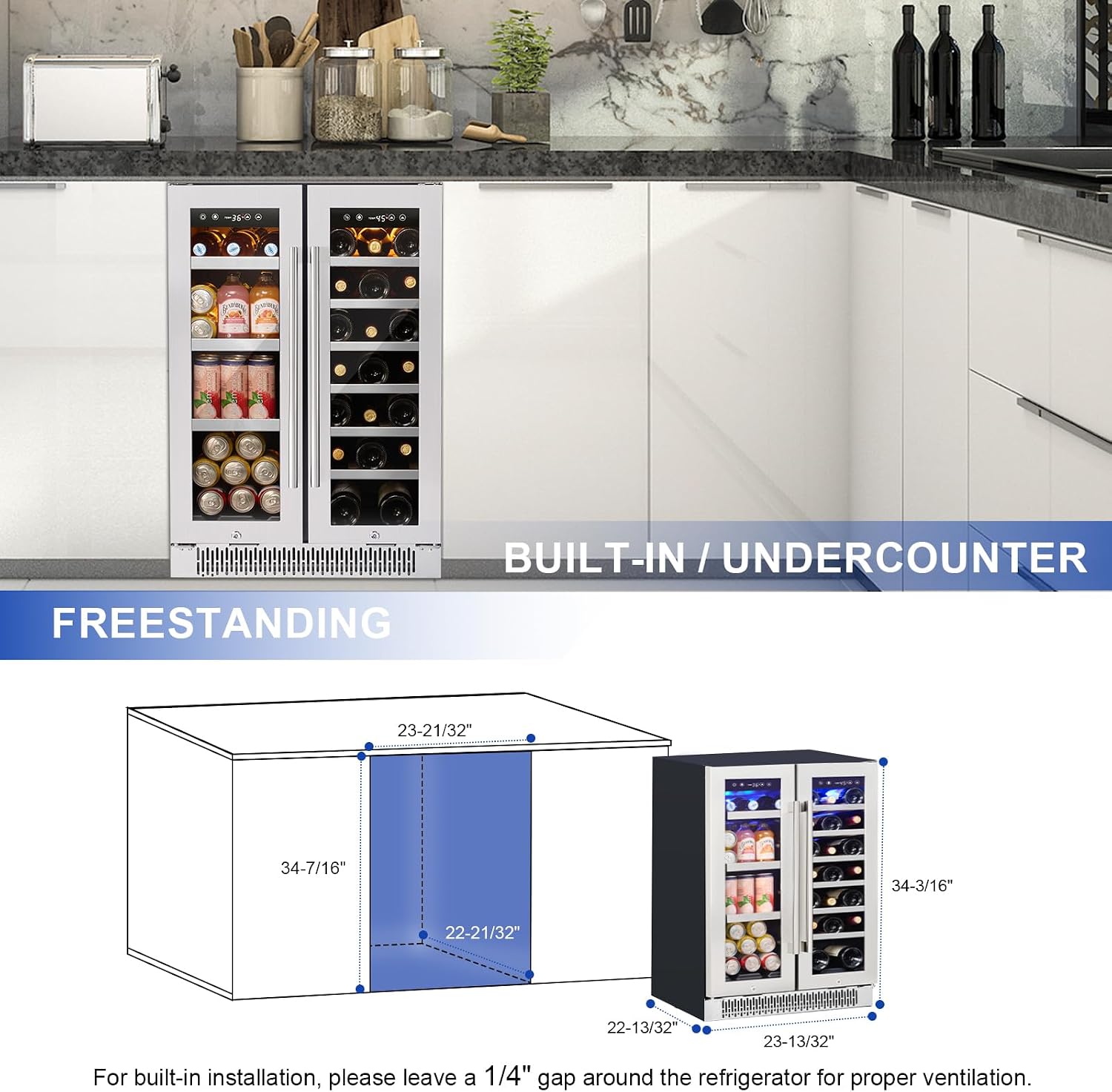 Akicon Luchar Wine and Beverage Refrigerator, 24 Inch Beverage Fridge Holds 20 Bottles & 60 Cans, Dual Zone Wine Cooler with 3-Color LED Light, Under Counter/Built-In/Freestanding (Stainless Steel)