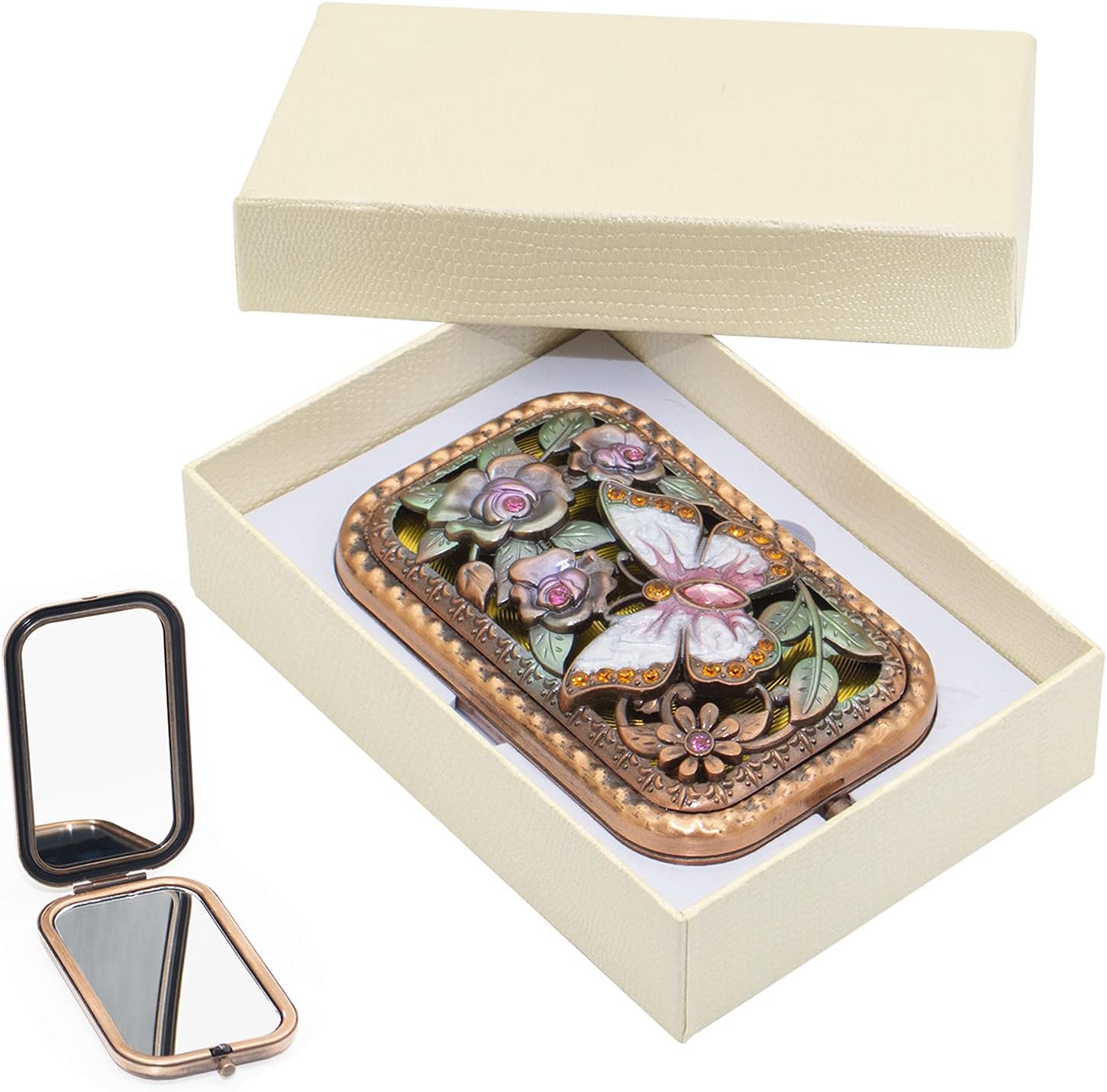 Vintage Makeup Mirror Metal Portable Foldable Mirror Butterfly Vanity Mirror Double Sided Compact Cosmetic Mirror Travel Mirror (A)