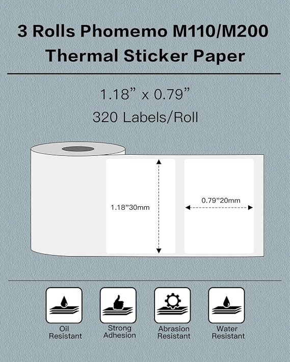 Phomemo Thermal Labels- 3 Rolls M110/M220/M221/M120/M200 Thermal Label Paper 1.18 x 0.79 (30x20mm), M110 Label Multipurpose Square Self-Adhesive Paper, 320 Labels/Roll,White