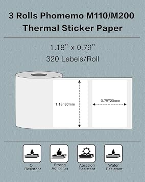 Phomemo Thermal Labels- 3 Rolls M110/M220/M221/M120/M200 Thermal Label Paper 1.18 x 0.79 (30x20mm), M110 Label Multipurpose Square Self-Adhesive Paper, 320 Labels/Roll,White