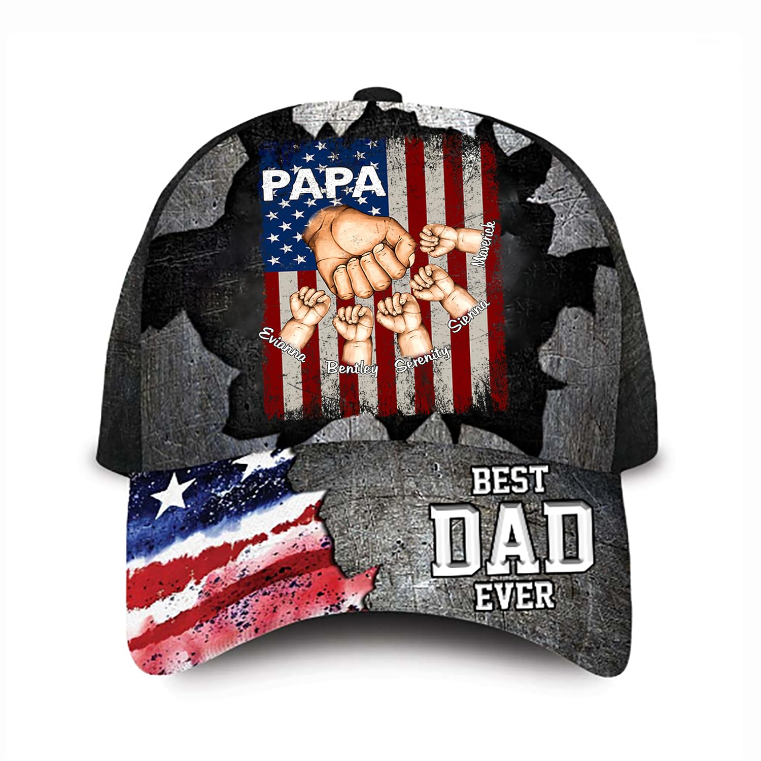 Juzly PODFist Bump Flag Best Dad Ever Cap - Personalized Men Cap Gifts for Father's Day, Birthday Gift for Dad Grandpa Papa, Best Dad Ever Hat Custom Nickname and Kid's Names