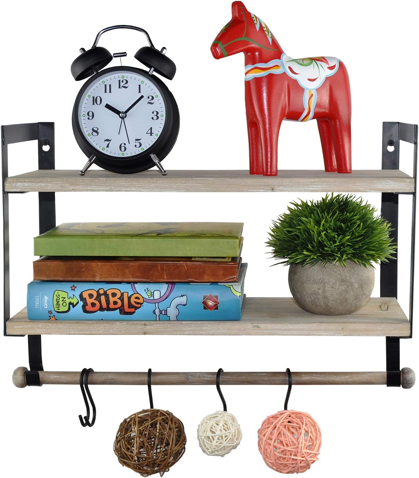 SpiretroFloating Shelves 2 Tier Wall Shelf, Spice Rack with Towel Tissue Bar, Metal Hooks Organize Mugs Utensils, Home Storage for Kitchen, Bathroom, Rustic Wood_Grey