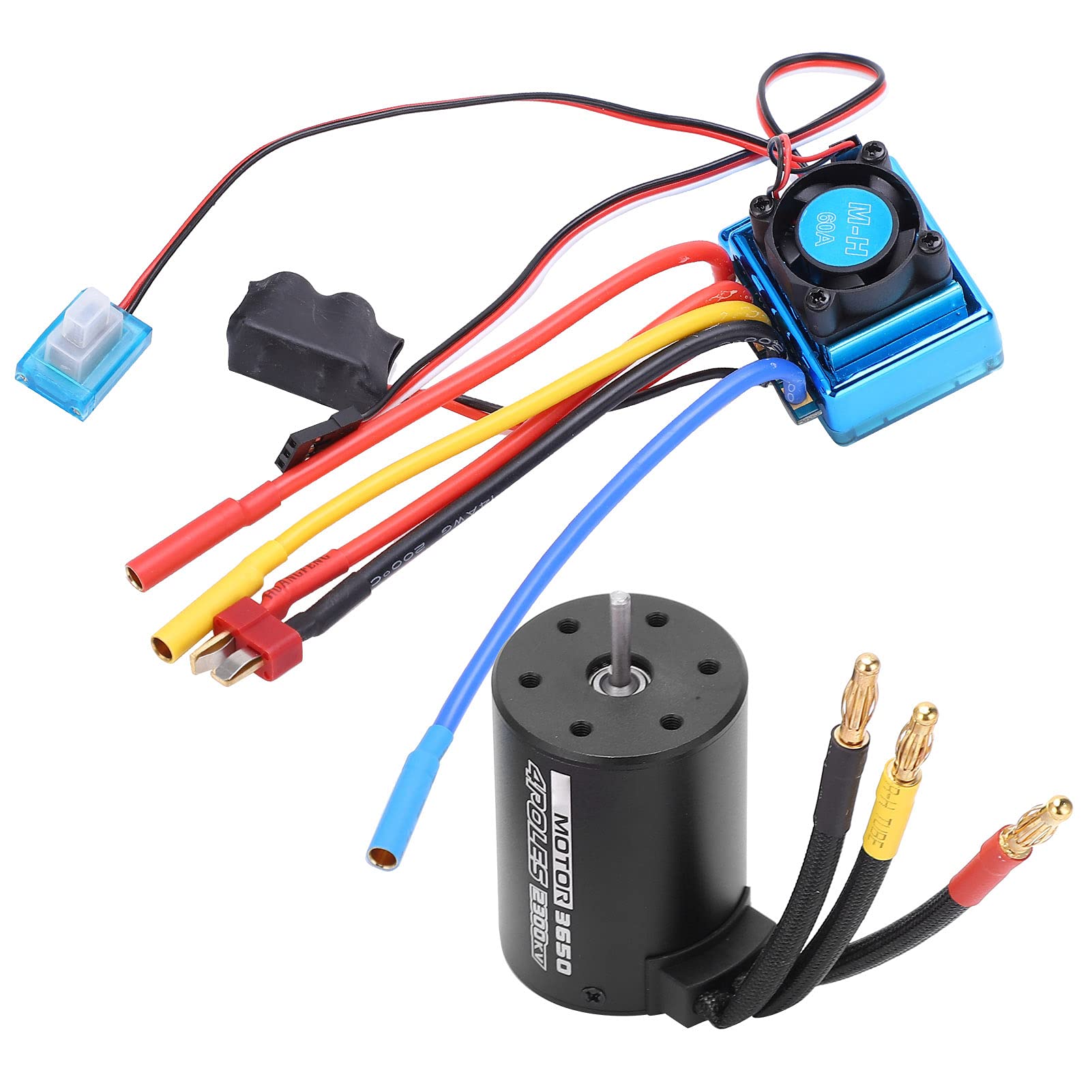 RC 3650 2300KV Motor Brushless Waterproof, 60A ESC Combo for 1/10 RC Car, 4 Poles High Torque 900W Motor with CNC Aluminum Heat Sink, Compatible with 2 - 3S LiPo