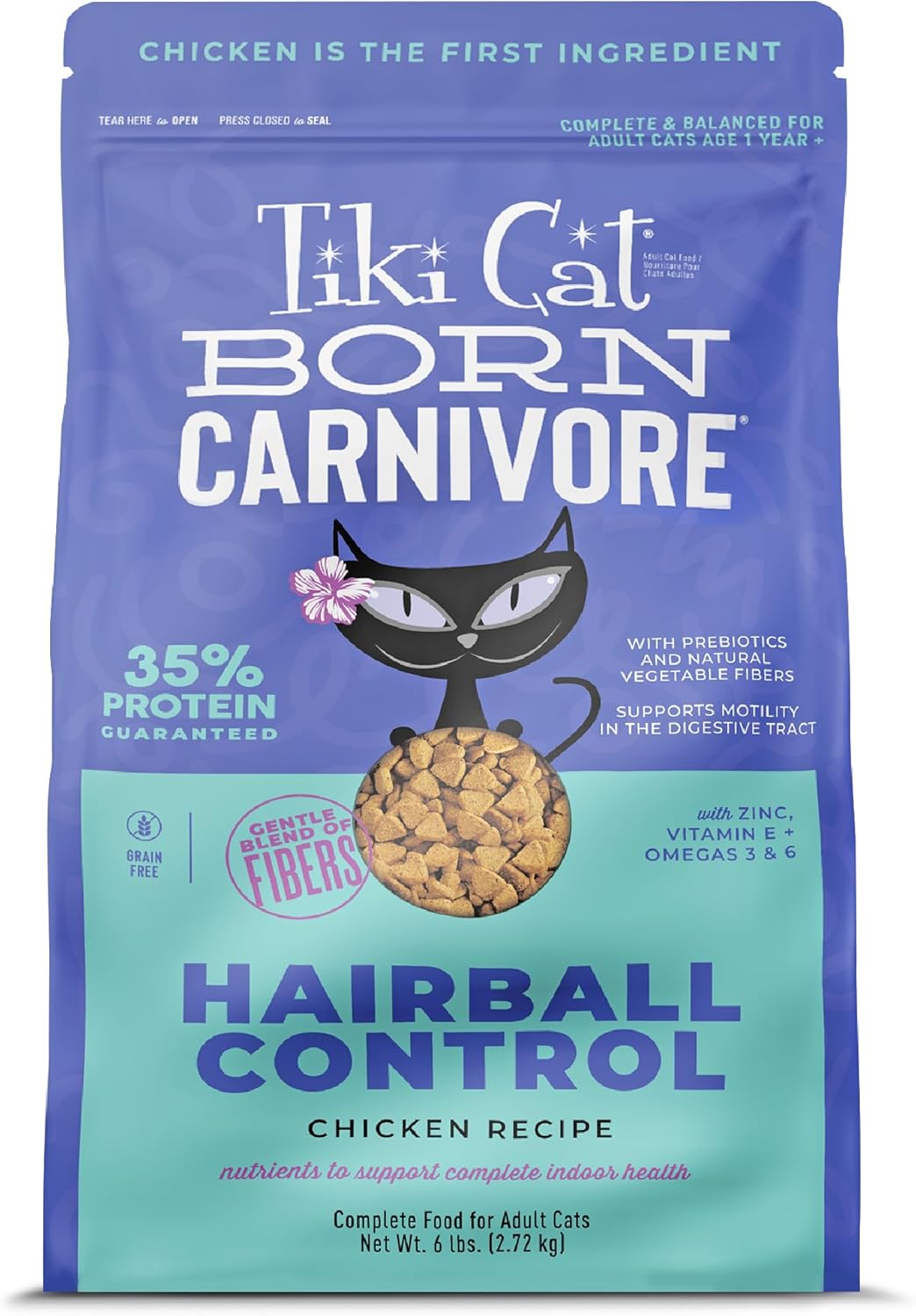 Tiki Cat Born Carnivore Dry Cat Food, Hairball Control, Chicken, 6 lbs. Bag