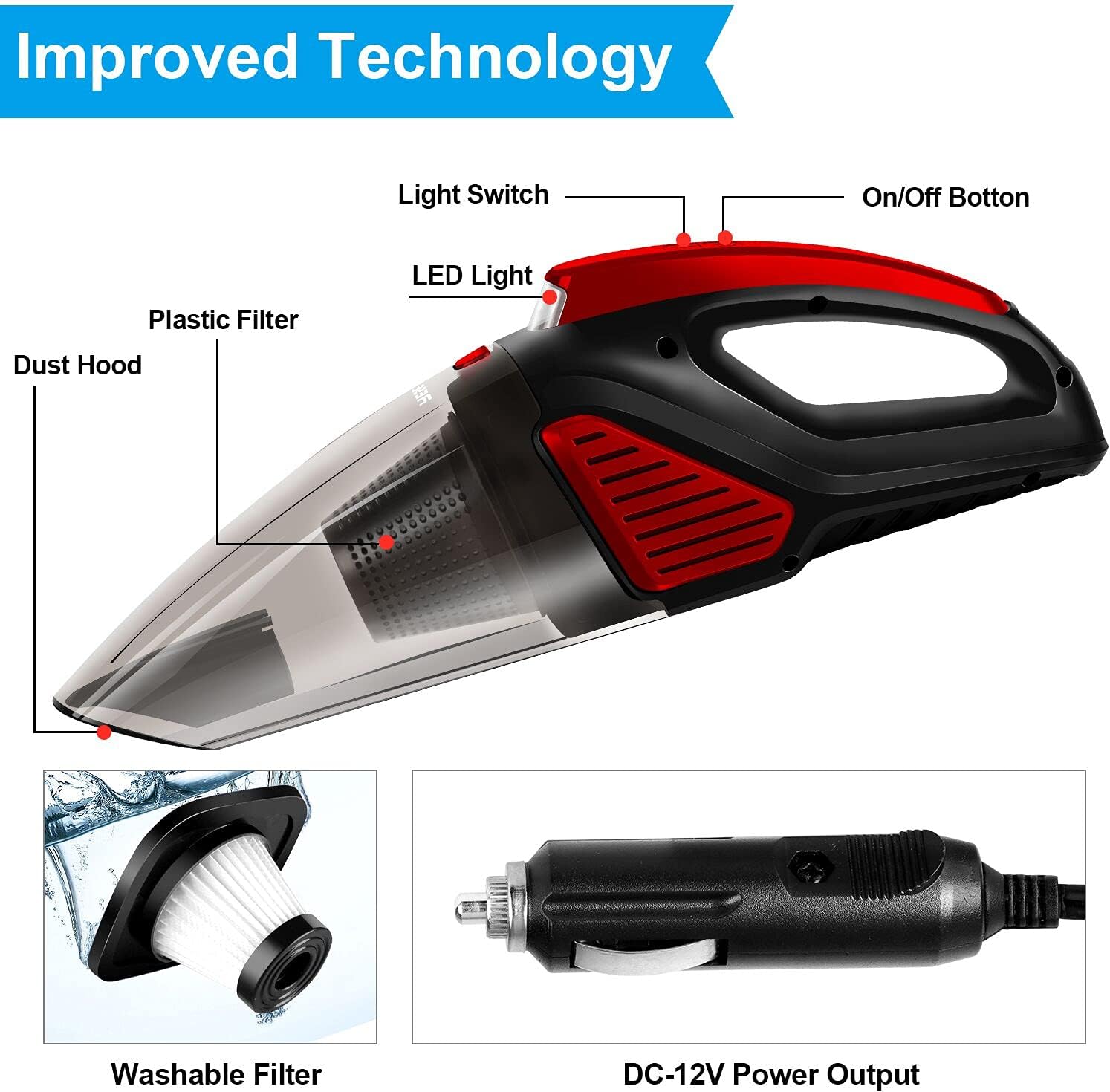 Two-Layer Filter Car Vacuum Cleaner with LED Light 7500PA 12V 16.4FT Cable Portable Handheld Car Vacuum Cleaner Wet and Dry Use Auto Vacuum Cleaner : Automotive